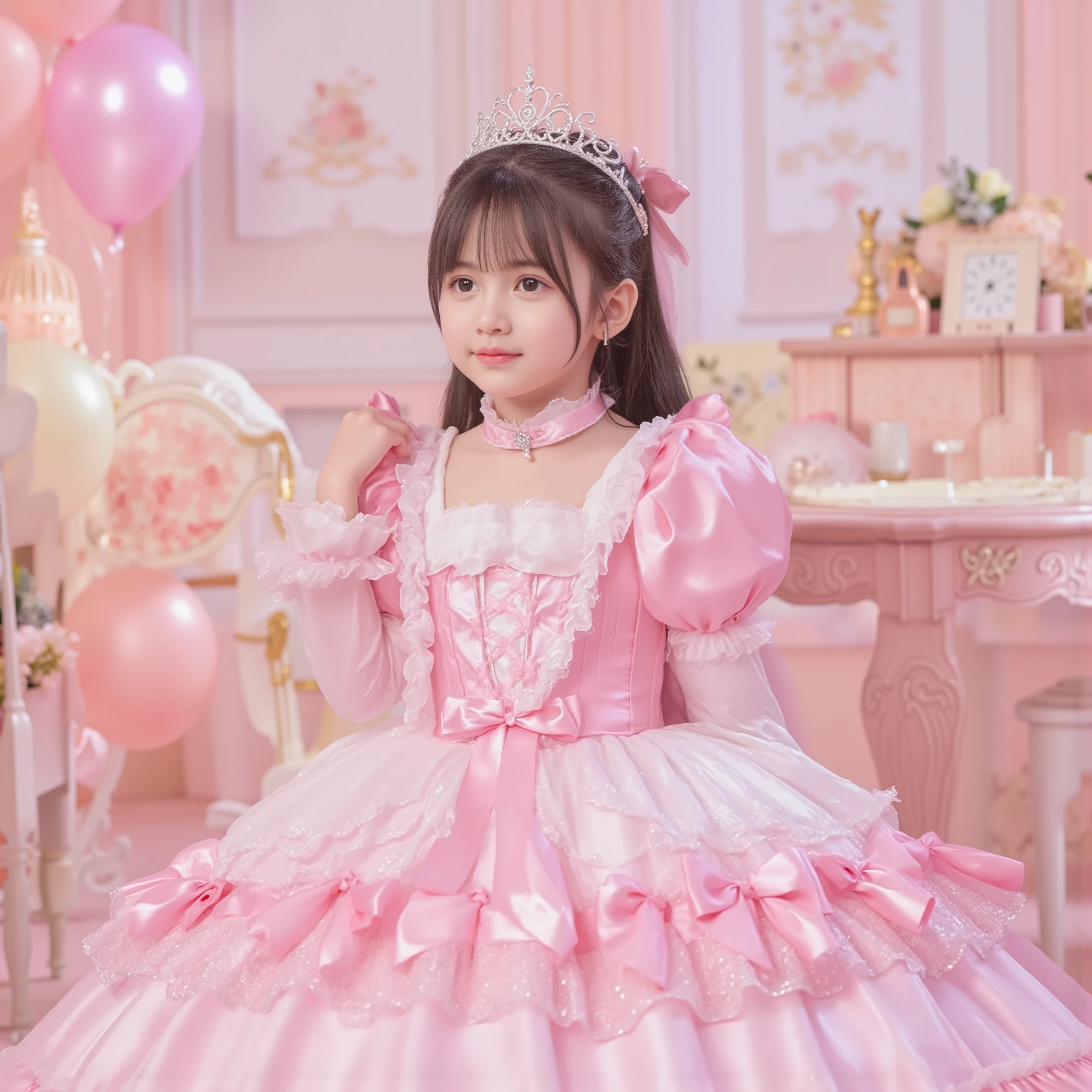 greatest masterpiece,Realistic Pictures,The princess's girl,((10 year old little girl,Babyface,Small Faces)),,((Full Body,Distant view:2.0)),long hair,Large Ball Gown Dress in Pastel Colors,(((cute dress decorated with ruffles and bows,Soft and Smooth Silk Satin Fabric:1.0))),,((Large hoop skirt ,Long skirt that stretches to the floor)),,((long sleeve)),puff sleeve,ruffle sleeve,Ruffle Yoke Collar,large yoke collar,lace up corset with ribbon,princess tiara to wear on the back of the head,in a lovely space