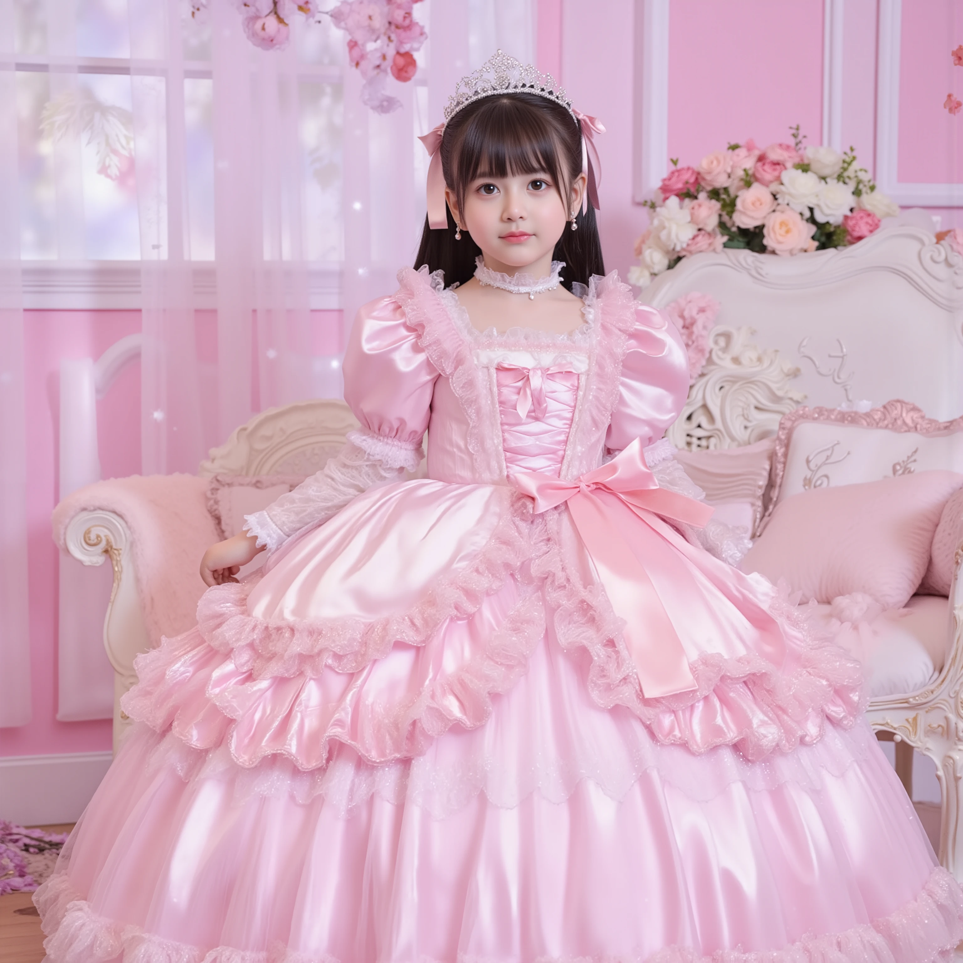 greatest masterpiece,Realistic Pictures,The princess's girl,((10 year old little girl,Babyface,Small Faces)),,((Full Body,Distant view:2.0)),long hair,Large Ball Gown Dress in Pastel Colors,(((cute dress decorated with ruffles and bows,Victorian Princess Dress,Soft and Smooth Silk Satin Fabric:1.0))),,((Large hoop skirt ,Long skirt that stretches to the floor)),,((long sleeve)),puff sleeve,ruffle sleeve,Ruffle Yoke Collar,large yoke collar,lace up corset with ribbon,princess tiara to wear on the back of the head,in a lovely space