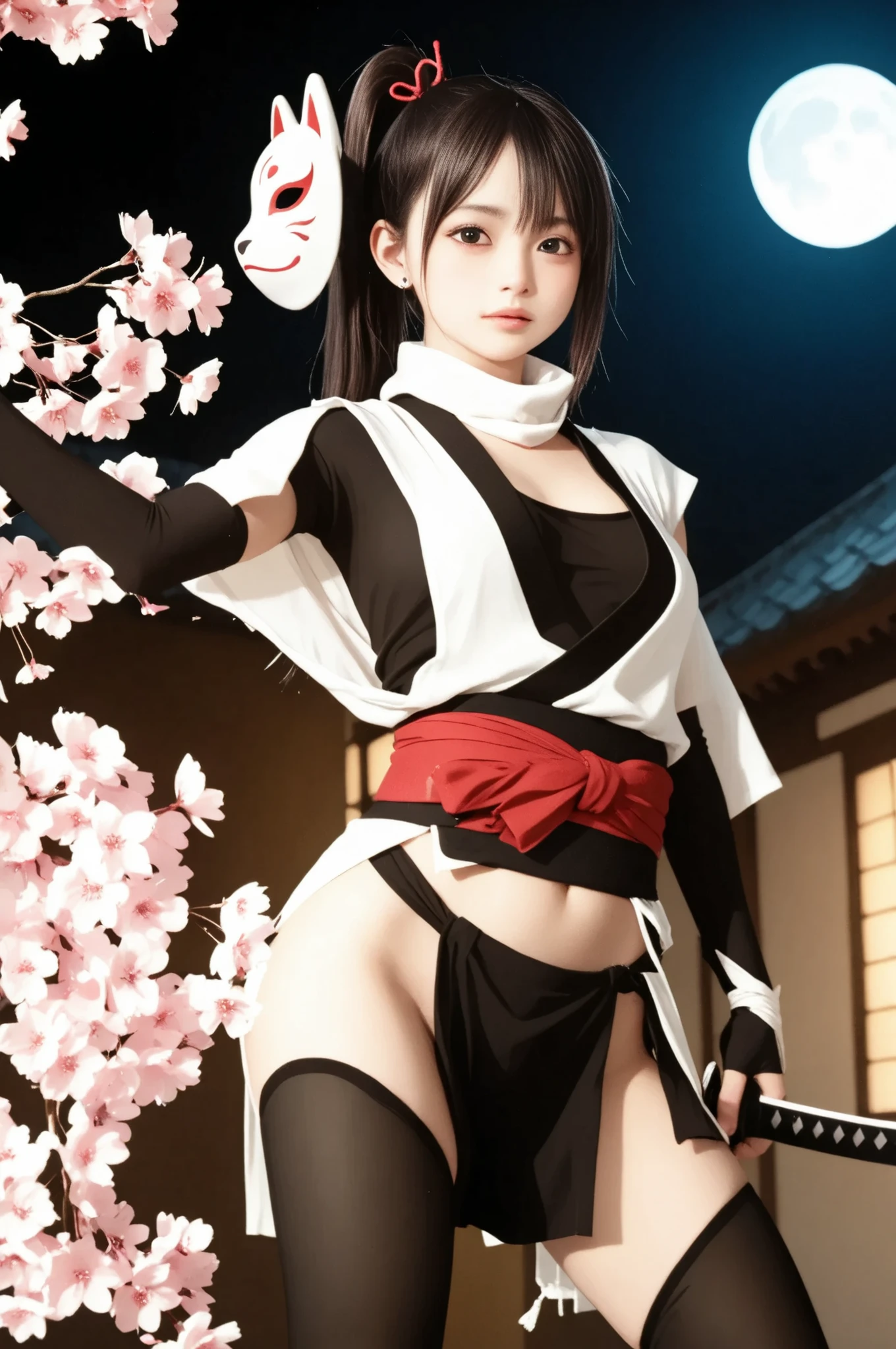 Girl Kunoichi ((Highest Quality)), ((masterpiece、high sensitivity、Ultra High Definition、in detail with your own finger、Anatomically Accurate Human Body Drawing Delicate Faces))On the roof of the mansion、Moonlight、Kunoichi in the Yozakura holds a ninja sword with his reverse hand、in a back alley at midnight close-up from below、Light black or red shinobi costume、A large group of、Cherry blossom pattern scabbard、round face、Babyface、A fragile face、Pretty far apart、Thick tear bag、Thick lower lip、Deep-set eyelids、Extraordinarily long lashes、cheeky slack、vermilion eyeshadow、I have so many piercings、dark haired、Ponytail with a Big Red Ribbon、Camellia Hair Ornament Two Side Up、One is a fox mask with an oblique head、cherry blossom pattern hand armor on black background、Cherry blossom pattern foot on black background、overknee stockings with a cherry blossom pattern on a black background、One person, Kunoichi, poses、There is one small full moon at the top of the background、Expose your real face、red long muffler、black spats