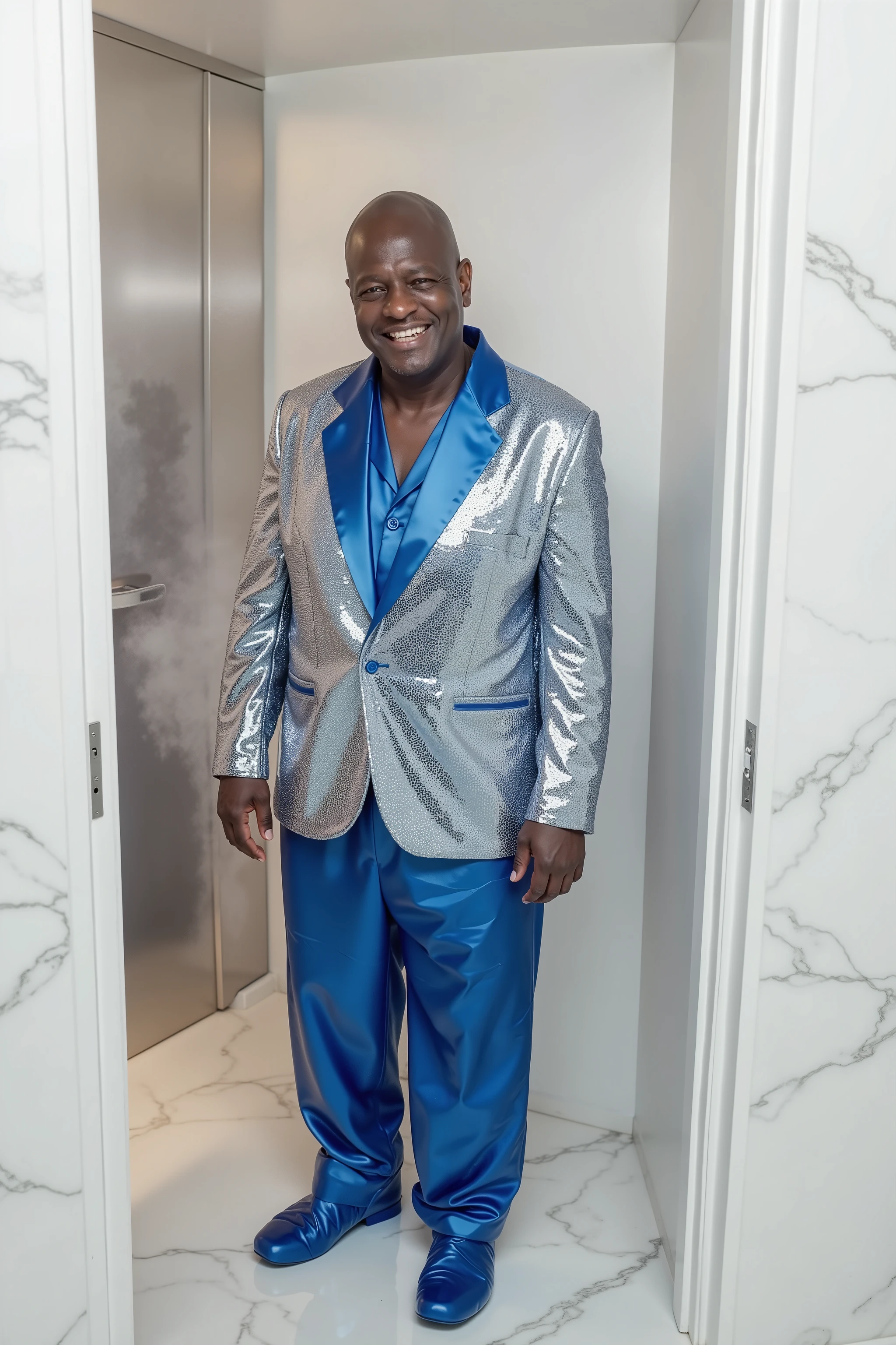 in a steamroom made of white marble, a man that is 59 years old black and fat wears a shiny silver and blue sequin blazer jacket with clearly demarcated sequens, the man wears 80% opacity blue plastic pants, the man sweats heavily, a steamy door looks out to a serene hotel hallway