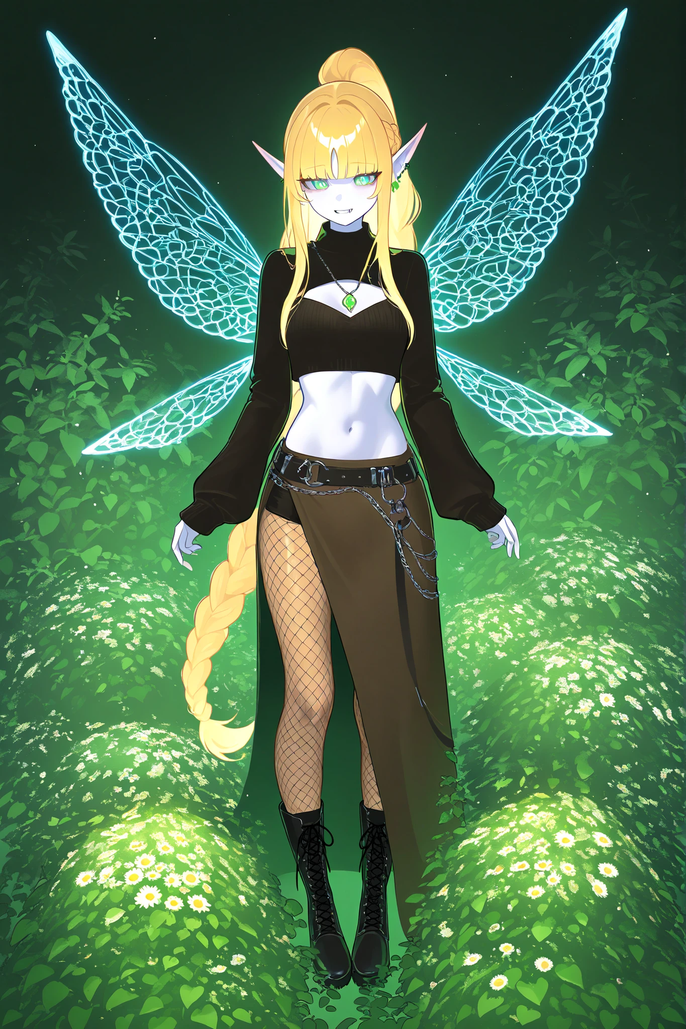 Faèrie princess. She has tall, lanky, thin,dexterous physique. She has holographic dragonfly wings. She has pale ivory skin and long pointy elf ears. Her eyes are sky-blue with glowing sigils of stars. She has longest loose golden-blonde ringlet hair braided in  wide ponytail. (She has a curtain-bangs) She is dressed in the style of Faeriecore and Cottagecore:She wearing tattered beige mini crop top with long elvish sleeves. She's wearing a fishnet sweater. She wears a marsh-green multi-layered-asymmetrical-tulip-skirt. She's wearing tattered striped beige tights, and ankle-high chunky brown lace-up boots with daisies and cornflowers sticking out of them. She wears earrings and a pendant in the shape of a human tooth and a chain with green leaves.(On the background: The outskirts of a magical forest, a hedge of climbing plants, wild grapes and bindweed. a small two-storey rustic cottage in the style of fantasy.)