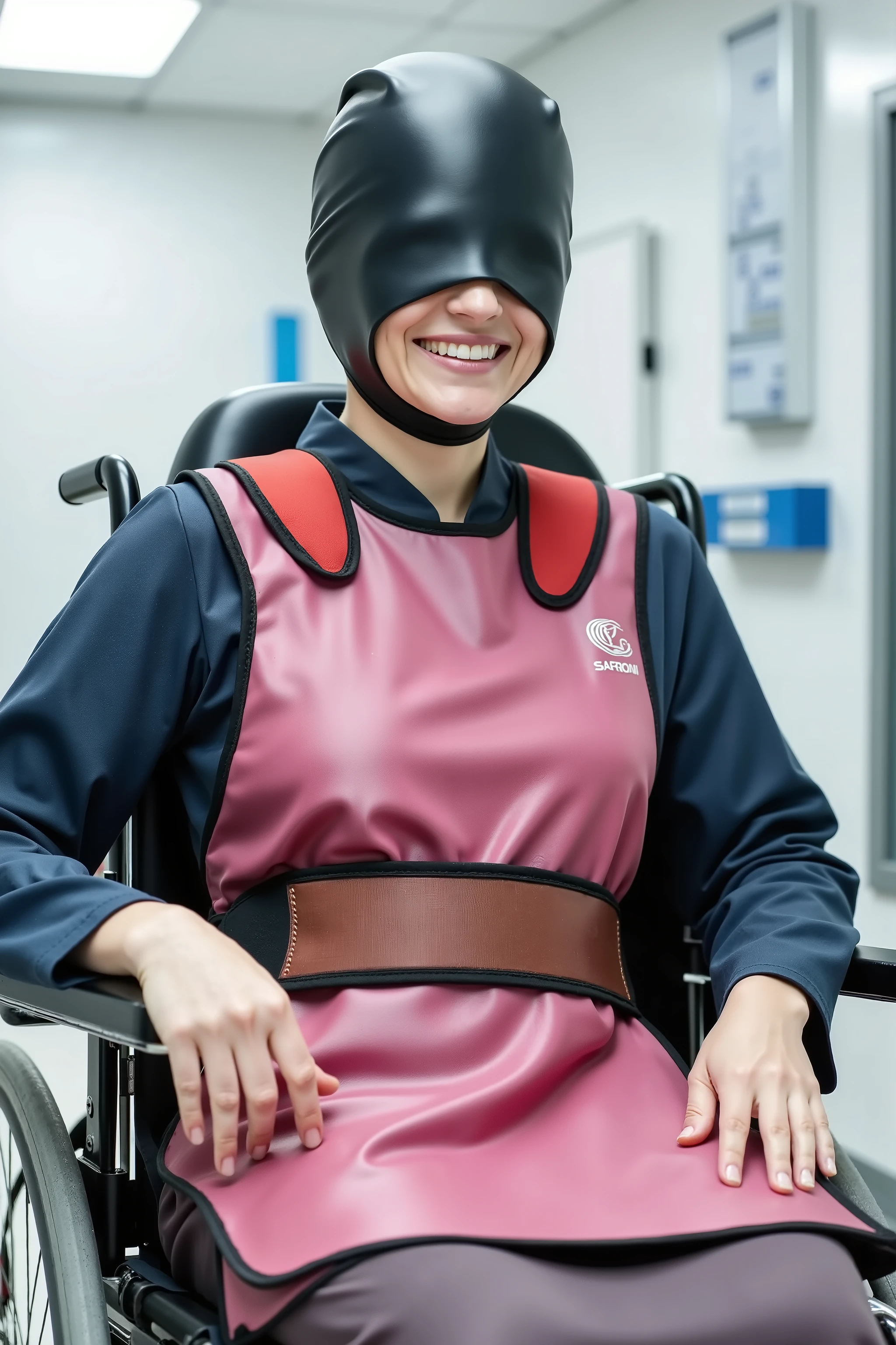 a 35 year old woman is in a futuristic hospital room, she sits in a powered wheelchair, a thick padded neoprene wheelchair harness that is pink restrains her, the woman wears a shining black latex head covering that covers her entire face, a small valve at her ear provides air and hearing, the woman has a thick shiny brown lead apron covering her body up to her neck under the harness, a thick tight red hip belt restrains her hips, red straps restrain her legs, the woman smiles beneath the latex head covering, 70% opacity of the latex