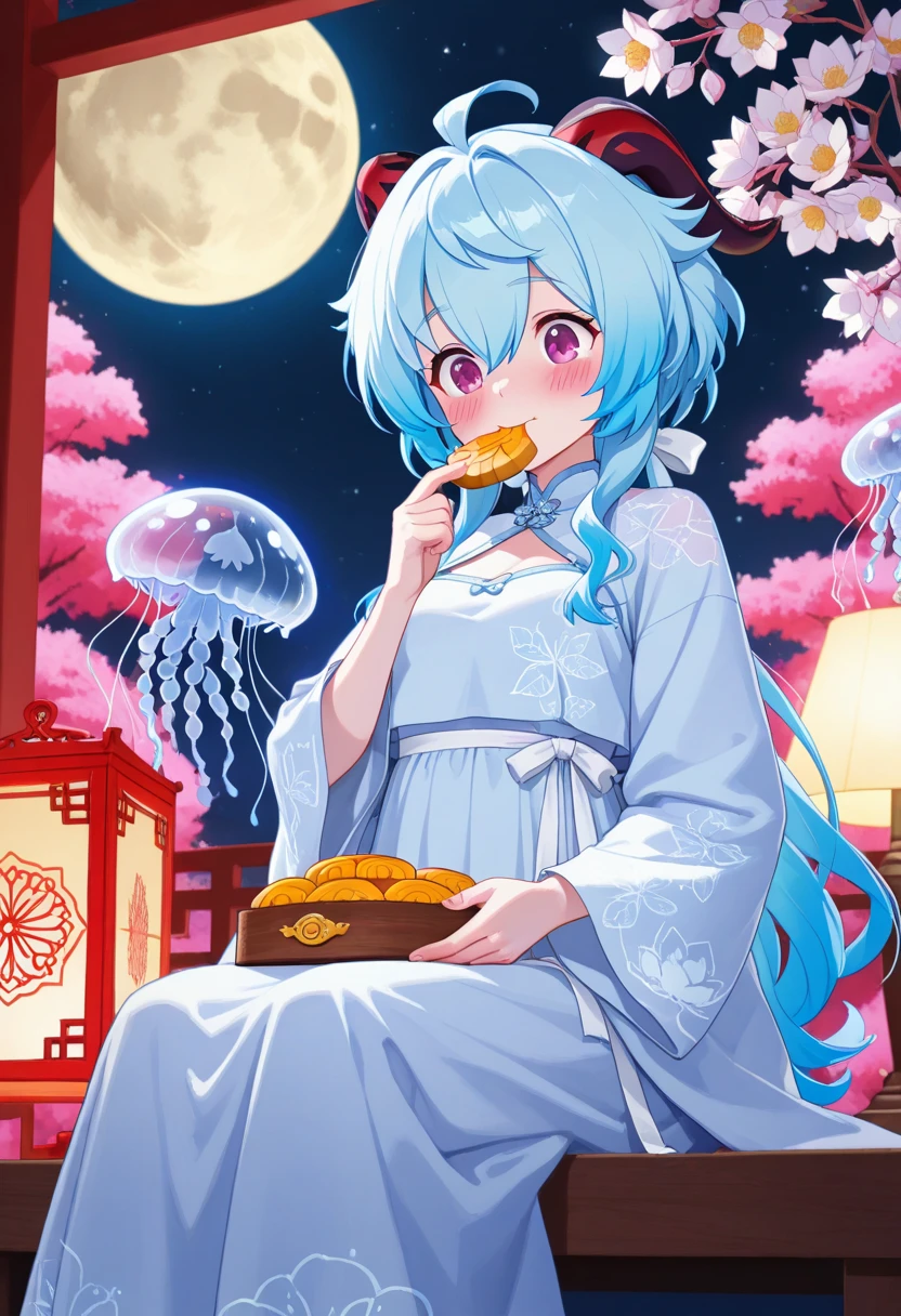 Jade rabbit, moon icon, two-dimensional style, Mid-Autumn Festival, mooncake, gift ribbon, pink light bar --auto