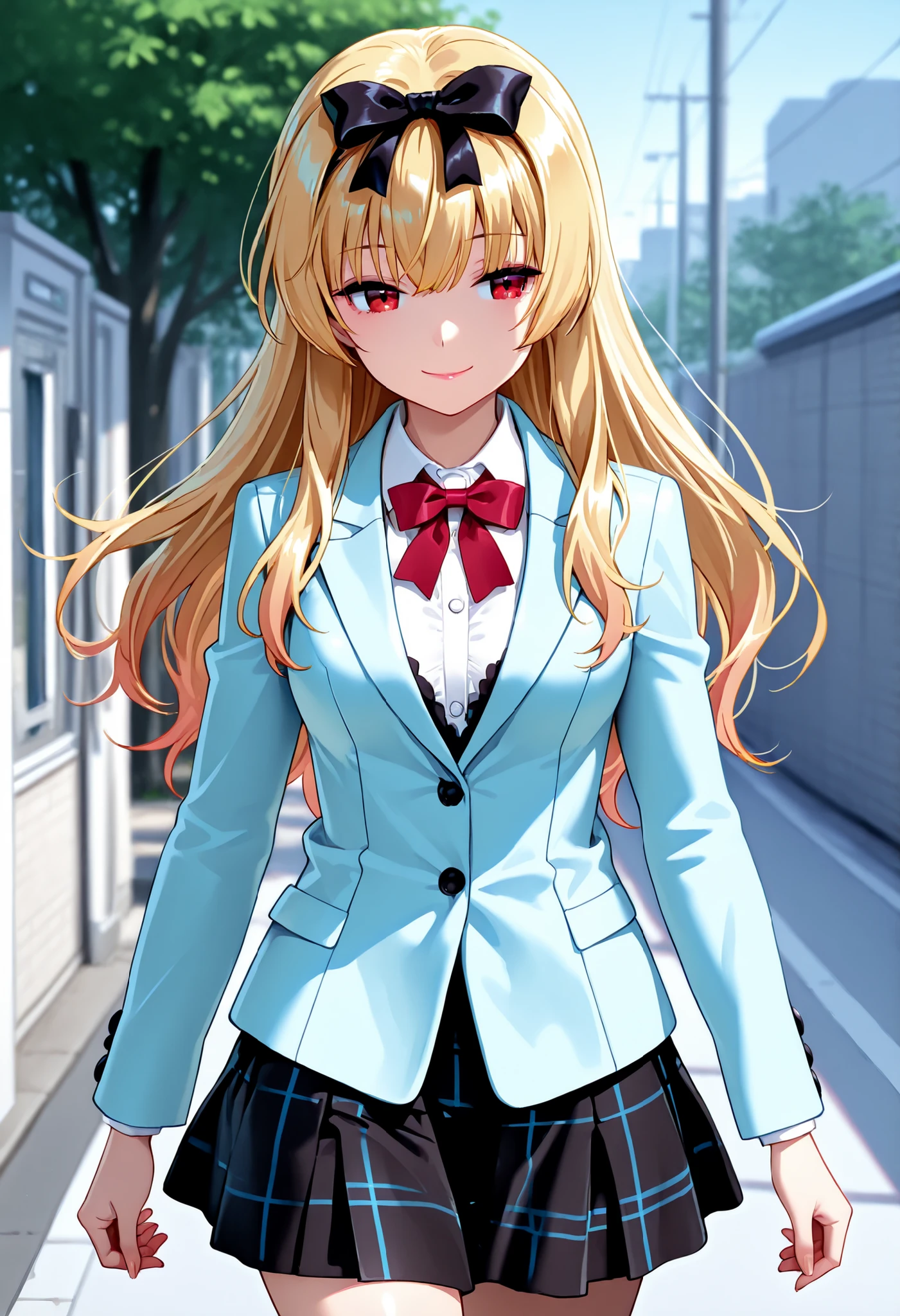 yue(arifureta), 1girl, blonde hair, solo, long hair, red eyes, light blue color school uniform ,light blue blazer(closed blazer ,buttoned blazer) , black skirt, plaid skirt ,red bowtie, bangs, hair bow, smile,closed mouth ,rouge lips, thigh, walking ,cowboy shot ,outdoor ,school commute