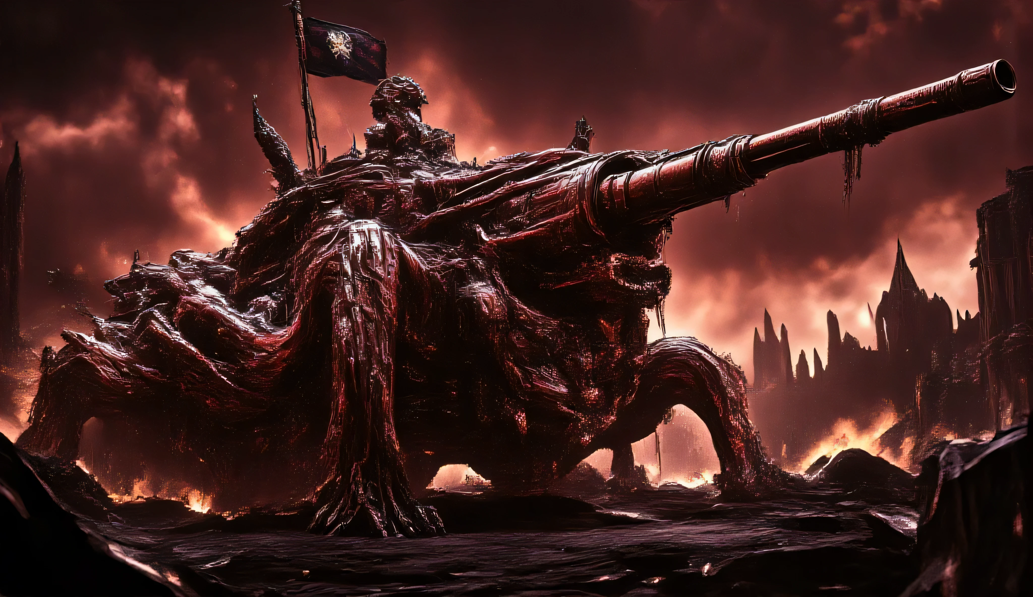 A tank from a nightmare. Instead of tracks, it has four bloody, curved, huge legs on which it moves. A long barrel sticks out of its toothy mouth. It is covered in blood and fused bodies, muscles, and bones. A flag made of human skin with a satanic star painted on it is mounted on the tower. A bloody sky. A sunset. The ruins of a city. Black, cracked earth. Destroyed skyscrapers. Terror. Bodily horror