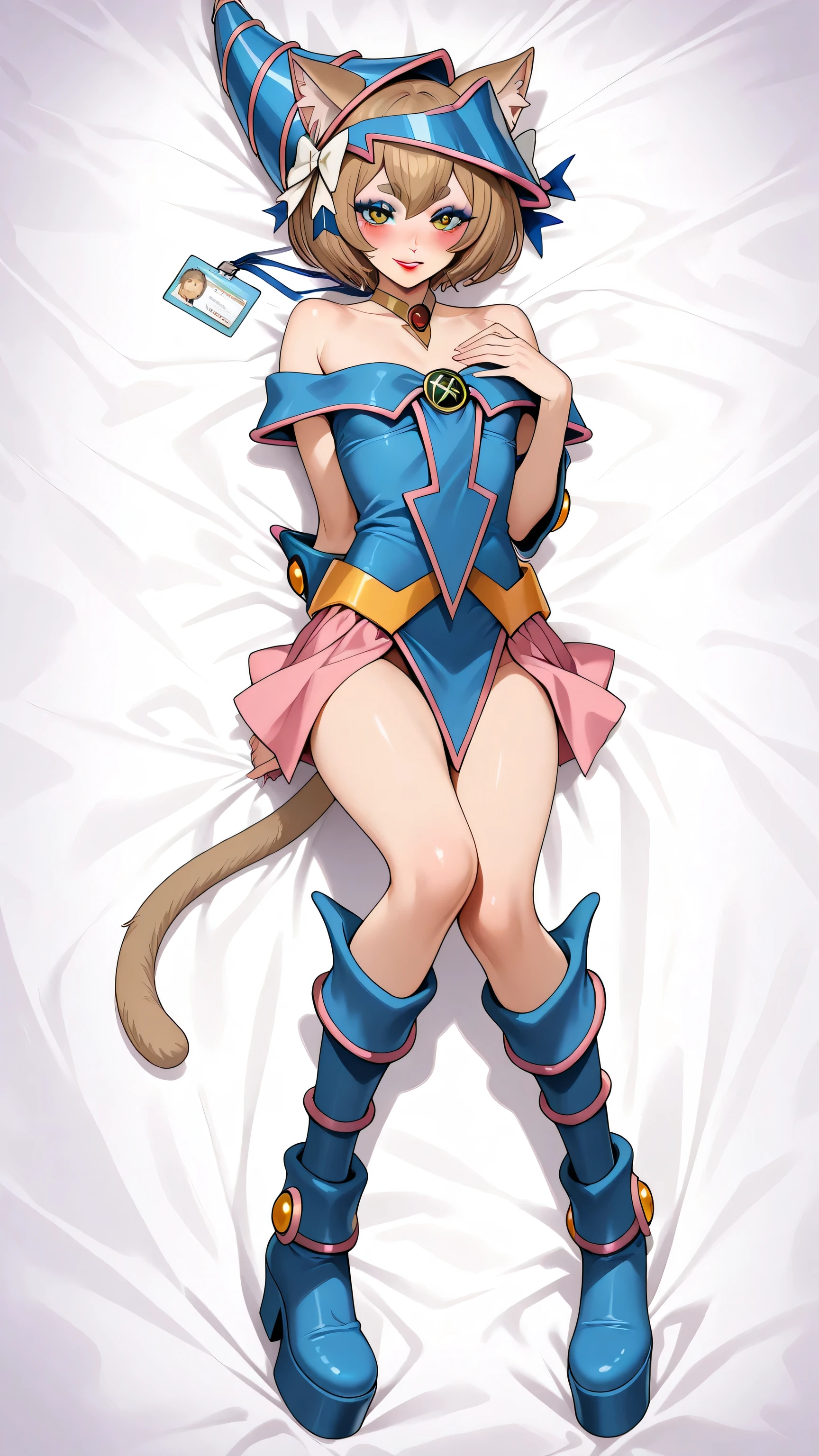 blue headwear, choker, bare shoulders, wizard hat, blonde wig, dark magician girl cosplay, felix argyle, short hair, bangs, brown hair, animal ears, hair bow, male focus, cat ears, eyelashes, bob cut, thick eyebrows, white bow, otoko no ko, cat tail, small breast, id card, red lipstick, eyelashes, makeup, glossy lips, blue thigh high boots, platform boots, full body, masterpiece, dakimakura, high resolution, blush, smile, looking at viewer, laying in bed, masterpiece, best quality, highly detailed, high quality facial features, red lipstick, perfect eyes, full body shown, seductive pose, blue eyeshadow, smile, facing directly, Felix "Ferris" Argyle,