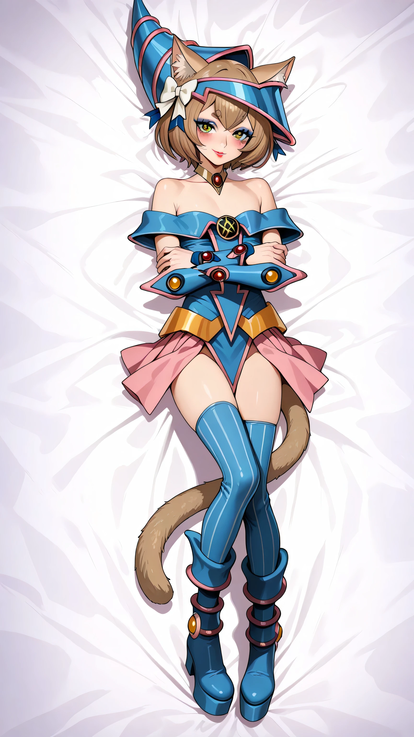 blue headwear, choker, bare shoulders, wizard hat, blonde wig, dark magician girl cosplay, felix argyle, short hair, bangs, brown hair, animal ears, hair bow, male focus, cat ears, eyelashes, bob cut, thick eyebrows, white bow, otoko no ko, cat tail, small breast, id card, red lipstick, eyelashes, makeup, glossy lips, blue thigh high boots, platform boots, full body, masterpiece, dakimakura, high resolution, blush, smile, looking at viewer, laying in bed, masterpiece, best quality, highly detailed, high quality facial features, red lipstick, perfect eyes, full body shown, seductive pose, blue eyeshadow, smile, facing directly, Felix "Ferris" Argyle,