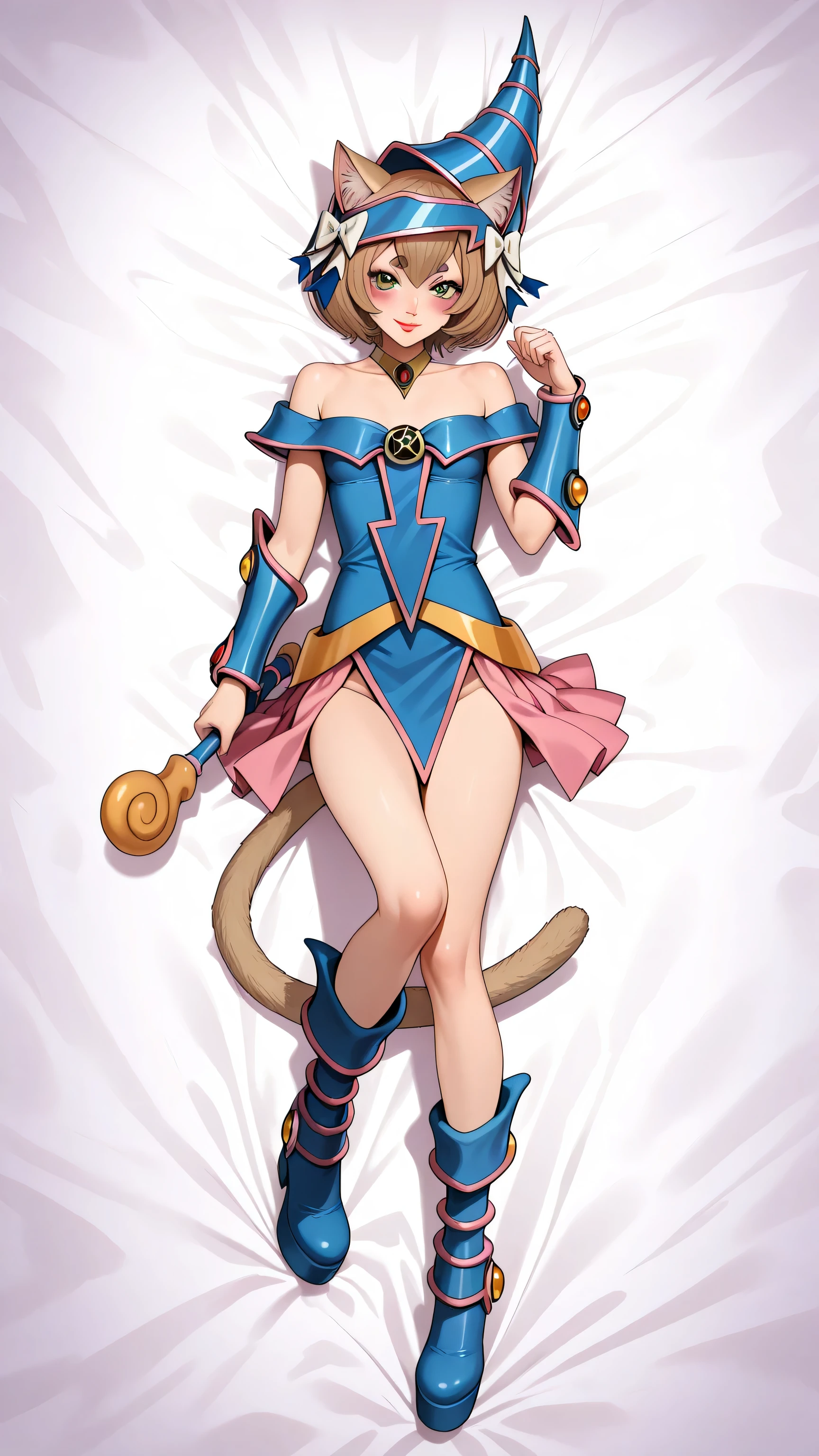 blue headwear, choker, bare shoulders, wizard hat, , dark magician girl cosplay, felix argyle, short hair, bangs, brown hair, animal ears, hair bow, male focus, cat ears, eyelashes, bob cut, thick eyebrows, white bow, otoko no ko, cat tail, small breasts, red lipstick, eyelashes, makeup, glossy lips, blue thigh high boots, platform boots, full body, masterpiece, dakimakura, high resolution, blush, smile, looking at viewer, laying in bed, masterpiece, best quality, highly detailed, high quality facial features, red lipstick, perfect eyes, full body shown, seductive pose, blue eyeshadow, smile, facing directly, Felix "Ferris" Argyle, blonde wig in hand, black magician girl staff in hand
