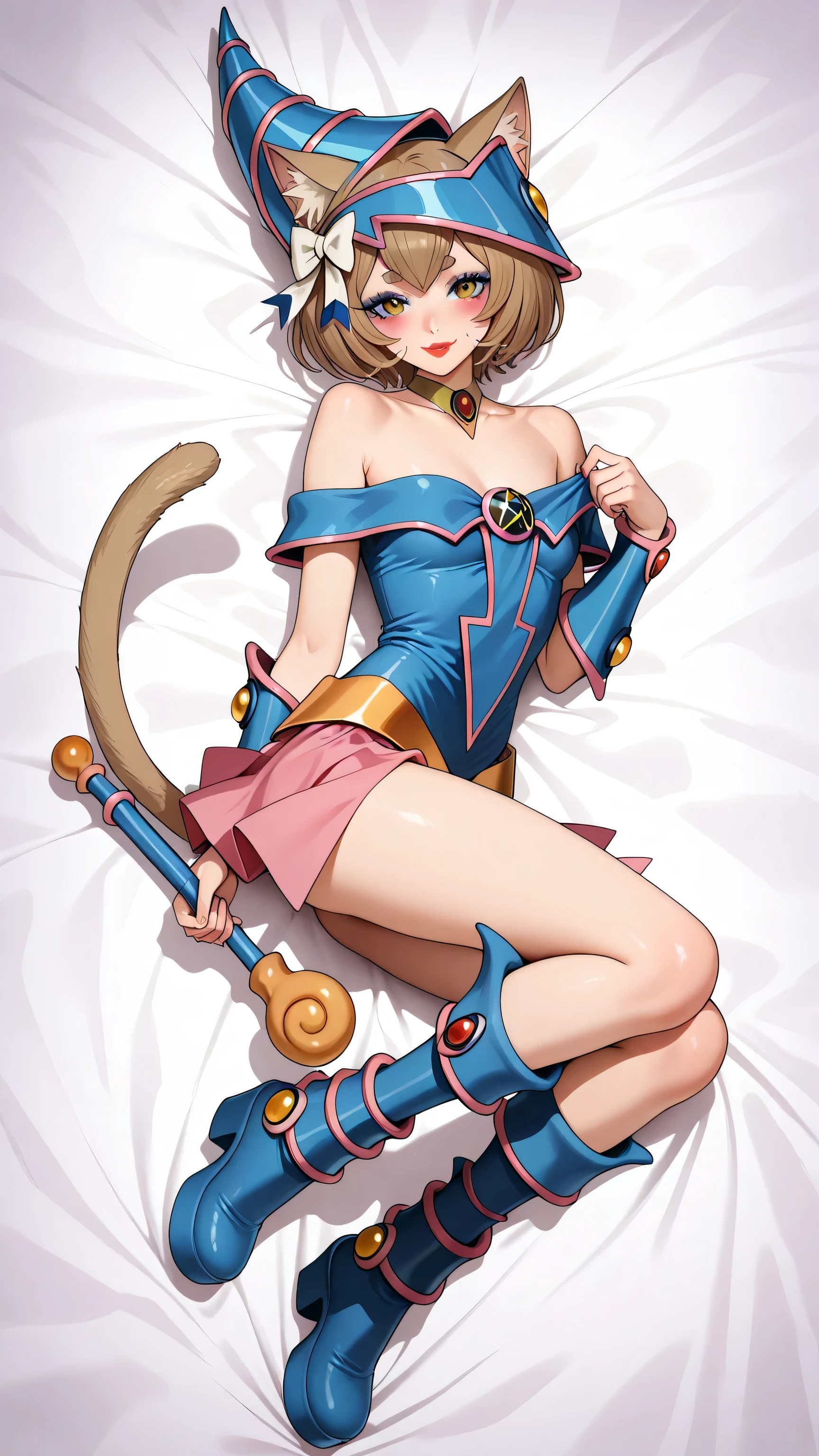 blue headwear, choker, bare shoulders, wizard hat, , dark magician girl cosplay, felix argyle, short hair, bangs, brown hair, animal ears, hair bow, male focus, cat ears, eyelashes, bob cut, thick eyebrows, white bow, otoko no ko, cat tail, small breasts, red lipstick, eyelashes, makeup, glossy lips, blue thigh high boots, platform boots, full body, masterpiece, dakimakura, high resolution, blush, smile, looking at viewer, laying in bed, masterpiece, best quality, highly detailed, high quality facial features, red lipstick, perfect eyes, full body shown, seductive pose, blue eyeshadow, smile, facing directly, Felix "Ferris" Argyle, blonde wig in hand, black magician girl staff in hand