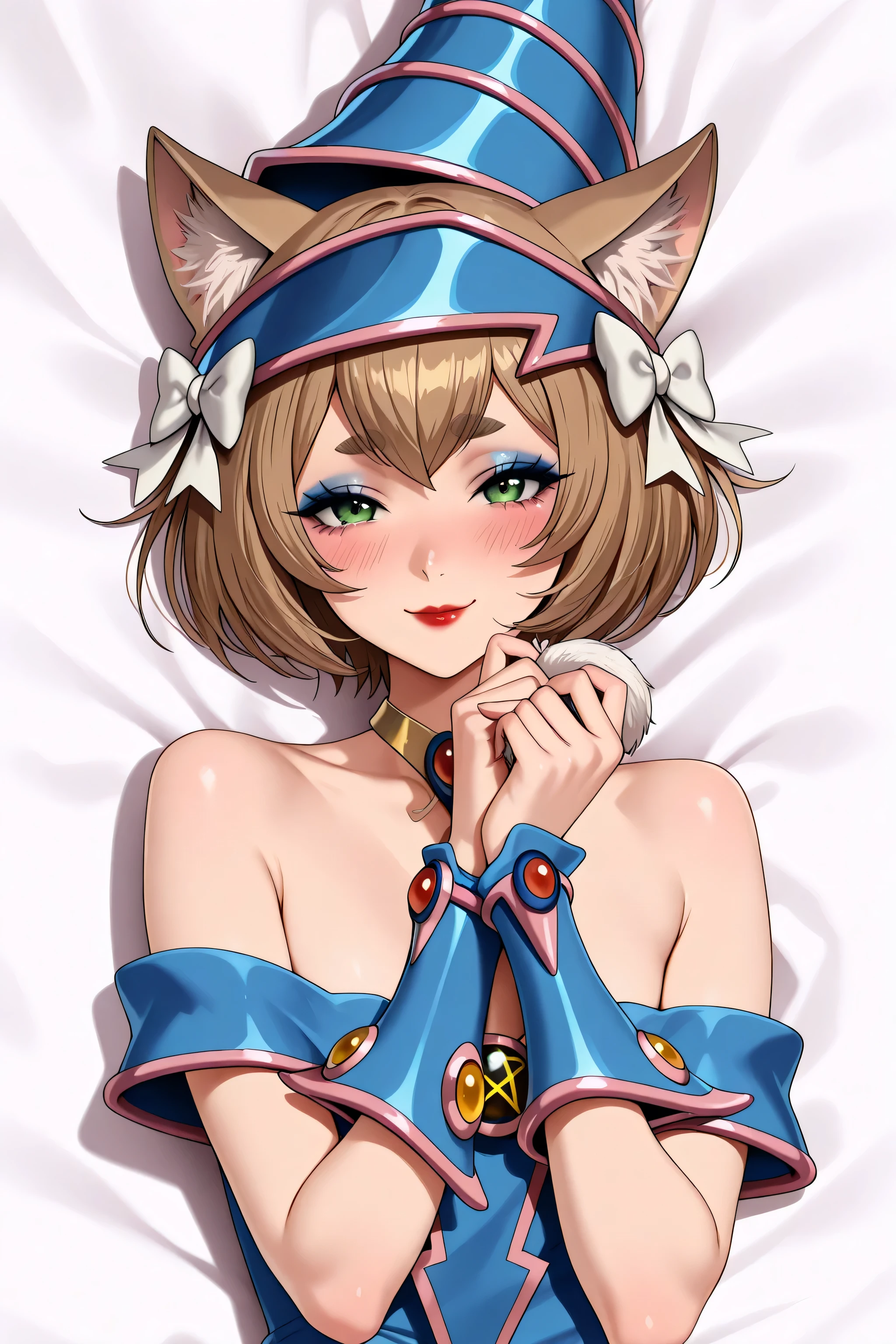 blue headwear, choker, shoulders, wizard hat, , dark magician girl cosplay, felix argyle, short hair, bangs, brown hair, animal ears, hair bow, male focus, cat ears, eyelashes, bob cut, thick eyebrows, white bow, otoko no ko, cat tail, small , red lipstick, eyelashes, makeup, glossy lips, masterpiece, dakimakura, high resolution, blush, smile, looking at viewer, laying in bed, masterpiece, best quality, highly detailed, high quality facial features, red lipstick, perfect eyes, pose, blue eyeshadow, smile, facing directly, Felix "Ferris" Argyle, blonde wig in hand, black magician girl staff in hand, face only