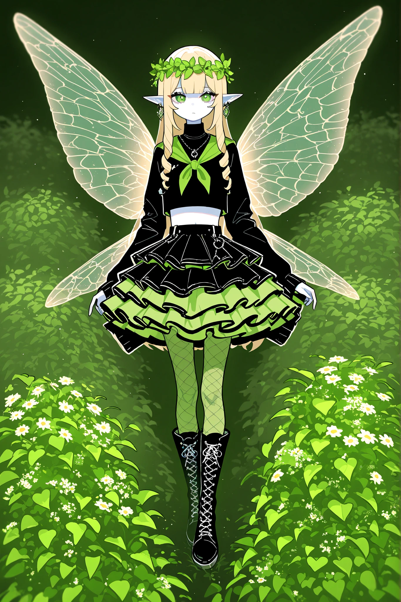 (novuschroma15 style) Faèrie princess. She has tall, lanky, thin,dexterous physique. She has holographic dragonfly wings. She has pale ivory skin and long pointy elf ears. Her eyes are sky-blue. She has longest loose golden-blonde ringlet hair with curtain bangs. She is dressed in the style of Faeriecore and Cottagecore:She wearing wearing a fishnet turtleneck over it a tattered beige mini crop top with long elvish sleeves. She wears a marsh-green multi-layered  skirt. She's wearing tattered striped beige tights, and ankle-high chunky brown lace-up boots with daisies and cornflowers sticking out of them. She wears earrings and a tooth pendant. She wearing a green kerchief on her head. (On the background: The outskirts of a magical forest, a hedge of climbing plants, wild grapes and bindweed, a small two-storey rustic cottage in the style of fantasy.)