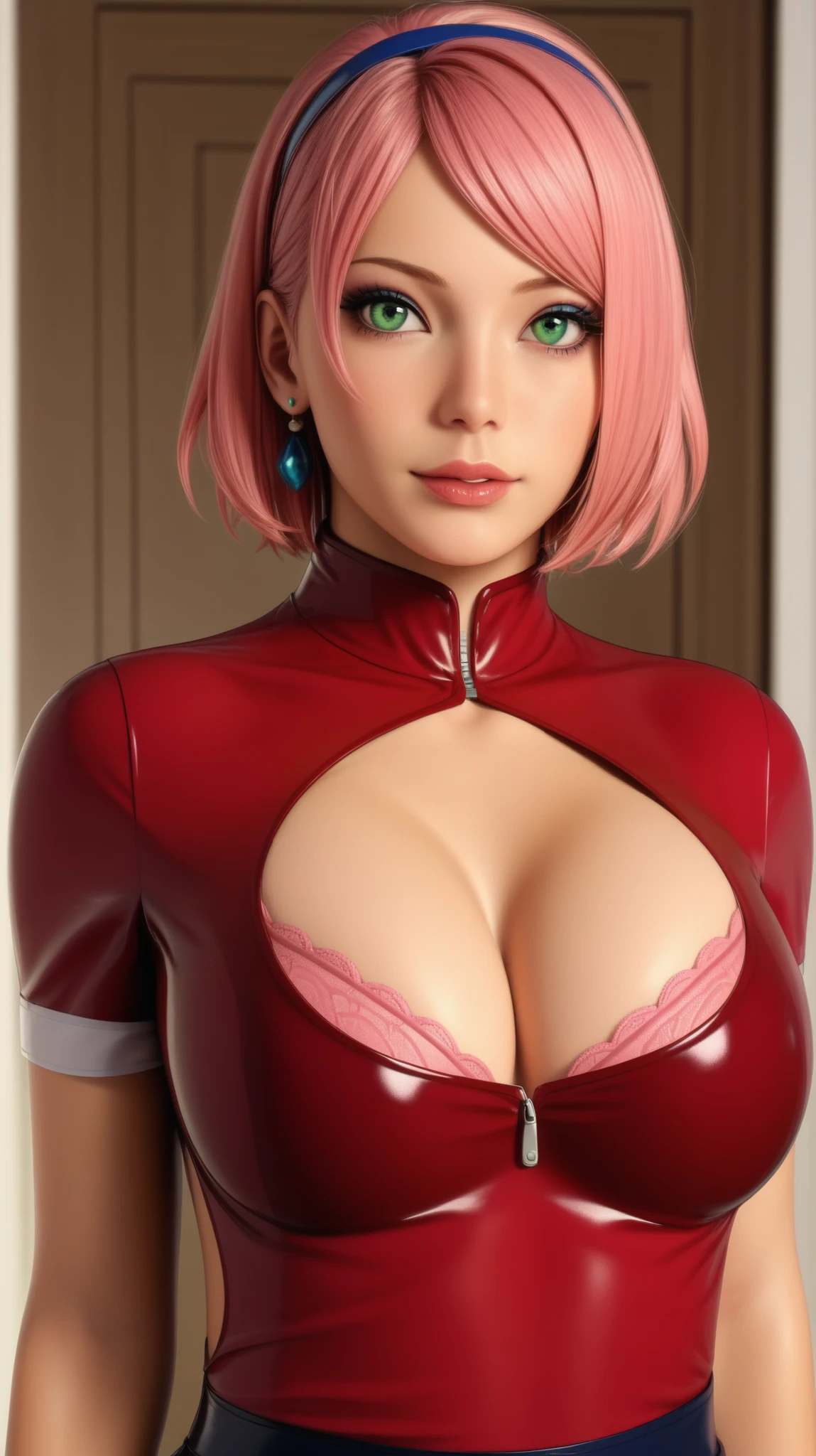 a photo Hyper-Realistic Ultra HD, The image showcases an incredibly realistic 4K photorealistic resolution, highlighting her captivating presence and a mesmerizing physique. leaving you entranced by the seamless fusion of artistry and supreme realism. looking straight into the frame, looking at viewer,sharp focus; frame, sharp focus ;eerily realistic, visual realism (Every imperfection and detail of her skin is captured -+ details Ultra hd. a professional movie photograph of, best quality, high quality, facing forward,  Beautiful little red lips, 
Define each part of her body imperfections.
The image showcases an incredibly realistic 4K photorealistic resolution, highlighting (makeup, mascara:1.1), lips,(thick\lips\), (shiny glossy translucent clothing:1.1), 1 girl sakura haruno, short hair, (green eyes:0.8), pink hair, (parted bangs:1.5), hairband, forehead protector,shirt, (red shirt:1.5), short sleeves, vest, unzipped , huge breast, (upper body:1.2), Spinning with dress flared out, (busty:1.1) , (chubby:0.1),(beautifully lit:1.2), chest cut out mini dress, Bra/Breast Size, 34 inches ; Waist Size, 28 inches ; Hip Size, 330inches.,,ultrarealist, intricate details,image of plus size curvy thick milf bbw Goddess