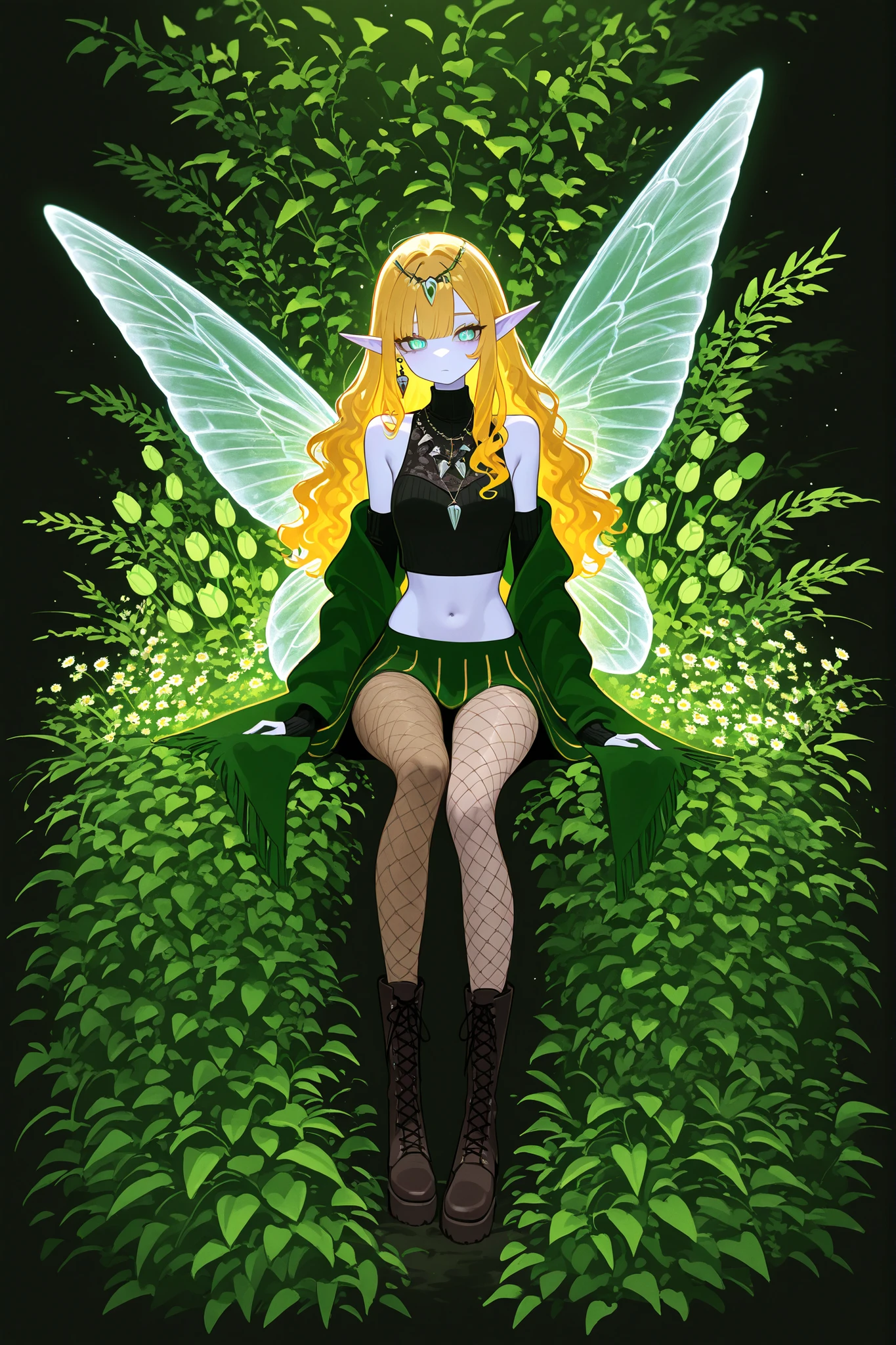 Faèrie princess. She has tall, lanky, thin,dexterous physique. She has holographic dragonfly wings. She has pale ivory skin and long pointy elf ears. Her eyes are sky-blue. She has longest loose golden-blonde wavy hair with bangs. She is dressed in the style of Faeriecore and Cottagecore:She wearing wearing a fishnet turtleneck over it a tattered beige mini crop top with long elvish sleeves. She wears a marsh-green tulip-skirt. She's wearing tattered striped beige tights, and ankle-high chunky brown lace-up boots with daisies and cornflowers sticking out of them. She wears tooth earrings and a tooth pendant. She wearing a green shawl with nature ornament na on her head. (On the background: The outskirts of a magical forest, a hedge of climbing plants, wild grapes and bindweed, a small two-storey rustic cottage in the style of fantasy.)