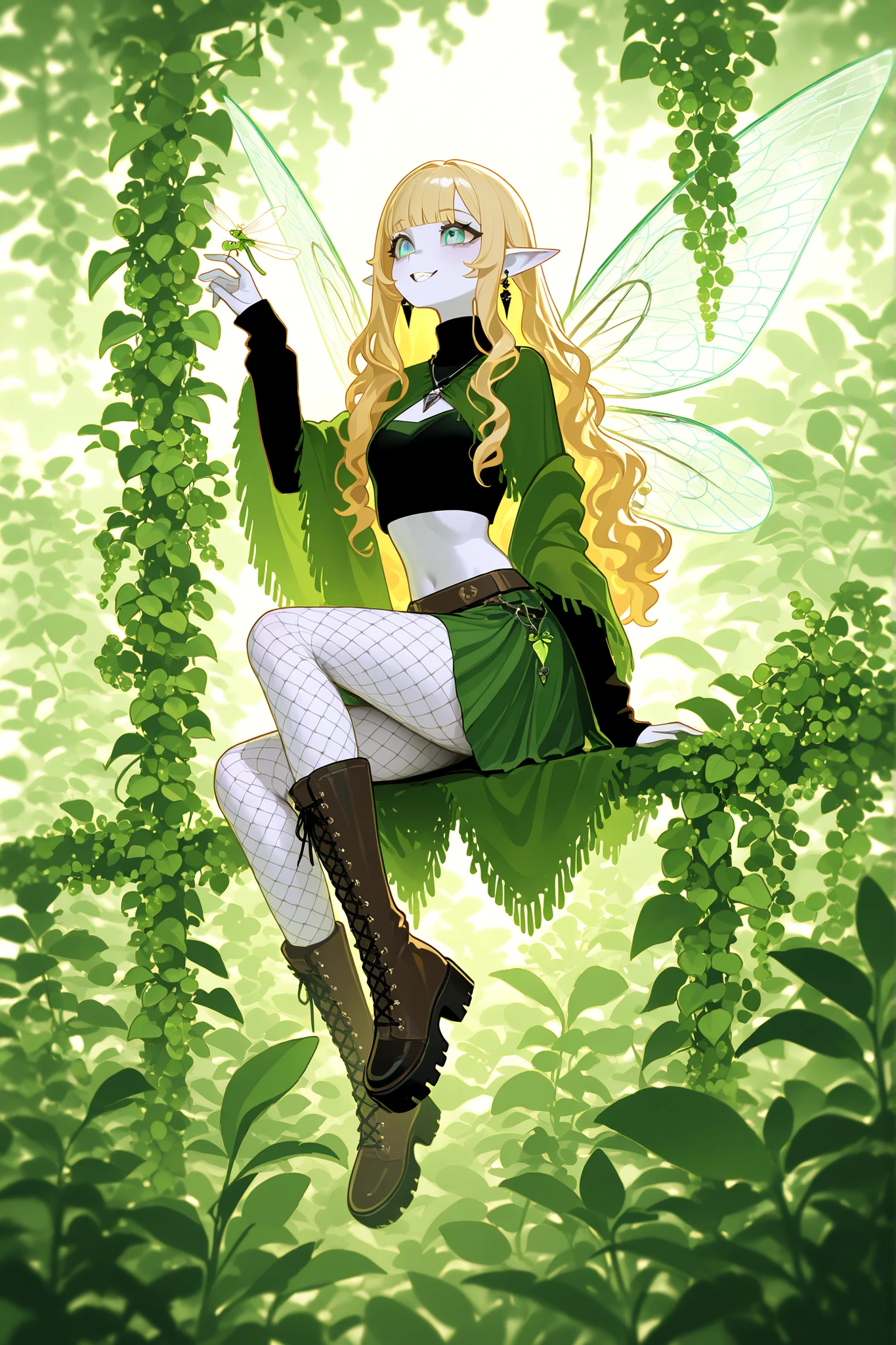 Faèrie princess. She has tall, lanky, thin,dexterous physique. She has holographic dragonfly wings. She has pale ivory skin and long pointy elf ears. Her eyes are sky-blue. She has longest loose golden-blonde wavy hair with bangs. She is dressed in the style of Faeriecore and Cottagecore:She wearing wearing a fishnet turtleneck over it a tattered beige mini crop top with long elvish sleeves. She wears a marsh-green tulip-skirt. She's wearing tattered striped beige tights, and ankle-high chunky brown lace-up boots with daisies and cornflowers sticking out of them. She wears tooth earrings and a tooth pendant. She wearing a green shawl with nature ornament na on her head. (On the background: The outskirts of a magical forest, a hedge of climbing plants, wild grapes and bindweed, a small two-storey rustic cottage in the style of fantasy.)