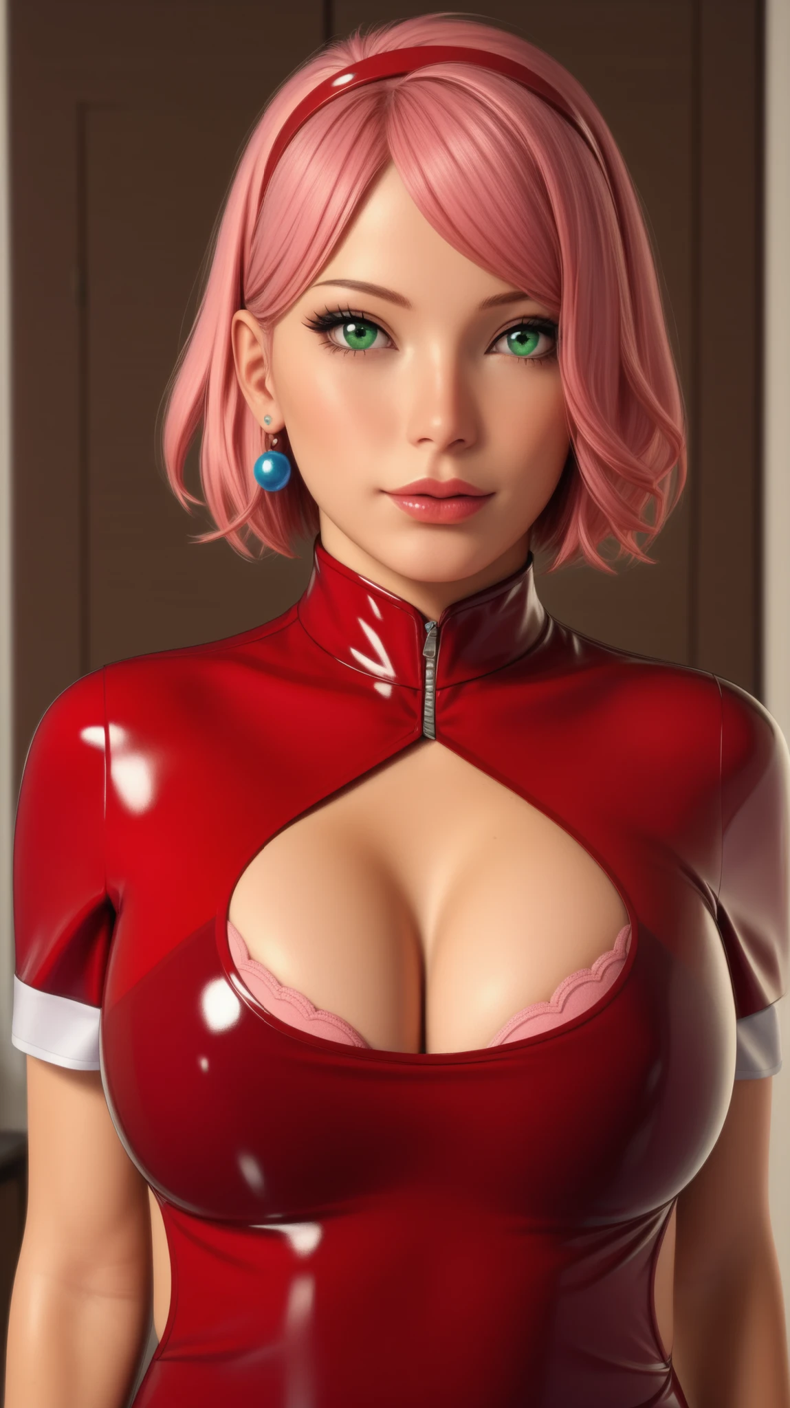 a photo Hyper-Realistic Ultra HD, The image showcases an incredibly realistic 4K photorealistic resolution, highlighting her captivating presence and a mesmerizing physique. leaving you entranced by the seamless fusion of artistry and supreme realism. looking straight into the frame, looking at viewer,sharp focus; frame, sharp focus ;eerily realistic, visual realism (Every imperfection and detail of her skin is captured -+ details Ultra hd. a professional movie photograph of, best quality, high quality, facing forward, Beautiful little red lips,
Define each part of her body imperfections.
The image showcases an incredibly realistic 4K photorealistic resolution, highlighting (makeup, mascara:1.1), lips,(thick\lips\), (shiny glossy translucent clothing:1.1), 1 girl sakura haruno, short hair, (green eyes:0.8), pink hair, (parted bangs:1.5), hairband, forehead protector,shirt, (red shirt:1.5), short sleeves, vest, unzipped , huge breast, (upper body:1.2), Spinning with dress flared out, (busty:1.1) , (chubby:0.1),(beautifully lit:1.2), chest cut out mini dress, Bra/Breast Size, 34 inches ; Waist Size, 28 inches ; Hip Size, 330inches.,,ultrarealist, intricate details,image of plus size curvy thick milf bbw Goddess