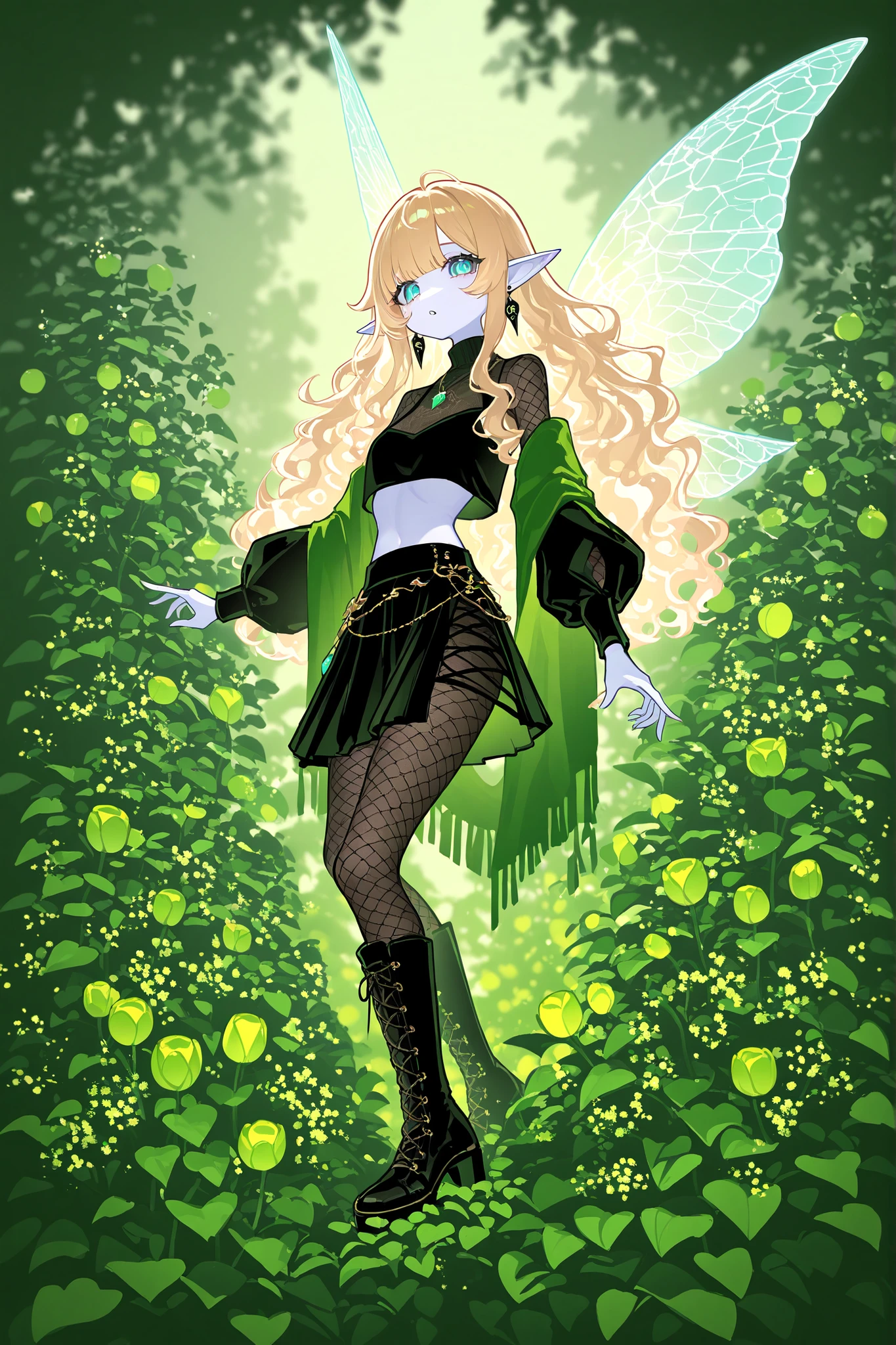 (novuschroma15 style) Faèrie princess. She has tall, lanky, thin,dexterous physique. She has holographic dragonfly wings. She has pale ivory skin and long pointy elf ears. Her eyes are sky-blue. She has longest loose golden-blonde wavy hair with bangs. She is dressed in the style of Faeriecore and Cottagecore:She wearing wearing a fishnet turtleneck over it a tattered beige mini crop top with long elvish sleeves. She wears a marsh-green tulip-skirt. She's wearing tattered striped beige tights, and ankle-high chunky brown lace-up boots with daisies and cornflowers sticking out of them. She wears tooth earrings and a tooth pendant. She wearing a green shawl with nature ornament na on her head. (On the background: The outskirts of a magical forest, a hedge of climbing plants, wild grapes and bindweed overgrowth small two-storey rustic cottage in the style of fantasy.)