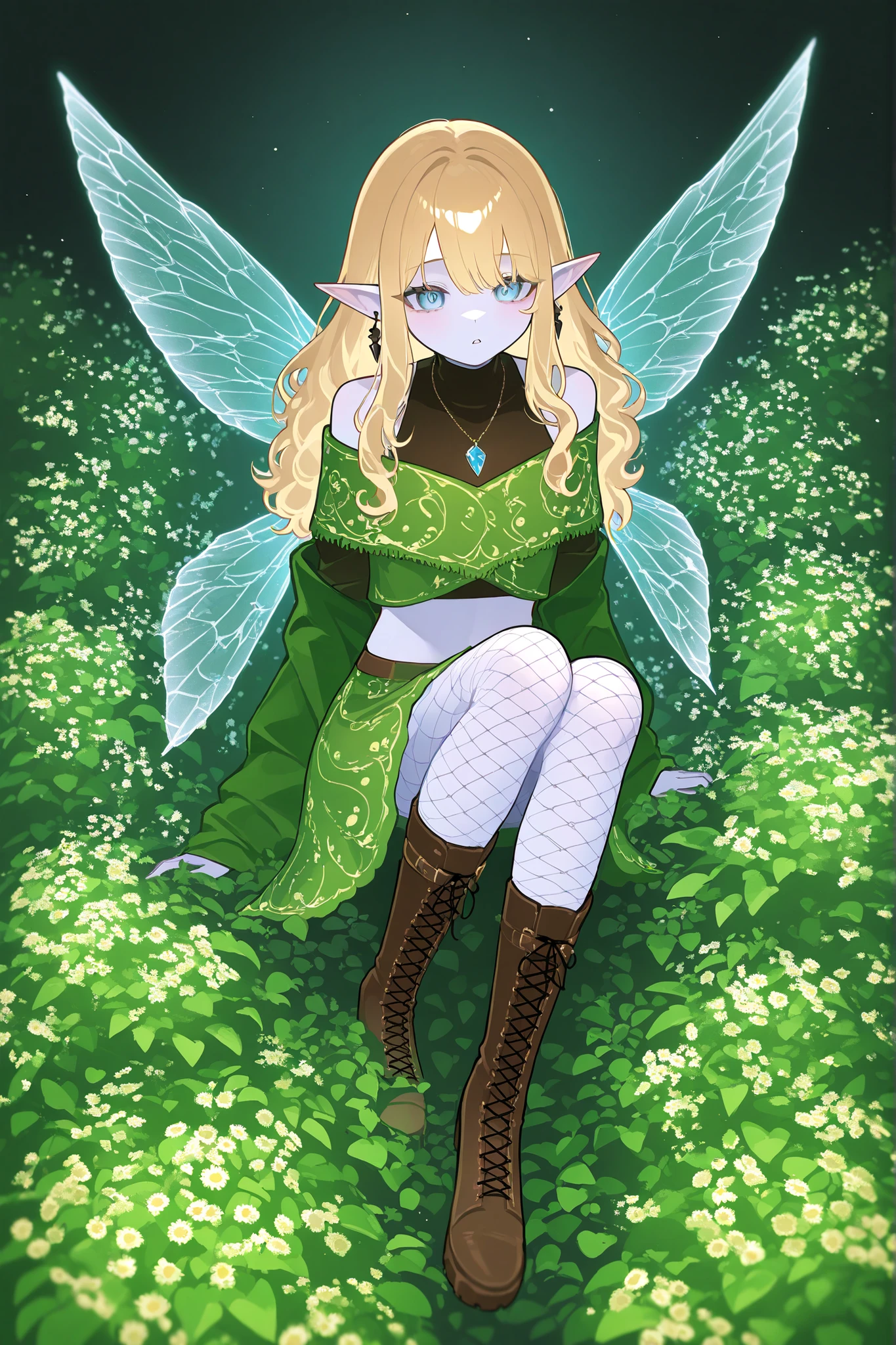 (novuschroma15 style) Faèrie princess. She has tall, lanky, thin,dexterous physique. She has holographic dragonfly wings. She has pale ivory skin and long pointy elf ears. Her eyes are sky-blue. She has longest loose golden-blonde wavy hair with bangs. She is dressed in the style of Faeriecore and Cottagecore:She wearing wearing a fishnet turtleneck over it a tattered beige mini crop top with long elvish sleeves. She wears a marsh-green tulip-skirt. She's wearing tattered striped beige tights, and ankle-high chunky brown lace-up boots with daisies and cornflowers sticking out of them. She wears tooth earrings and a tooth pendant. She wearing a green shawl with nature ornament na on her head. (On the background: The outskirts of a magical forest, a hedge of climbing plants, wild grapes and bindweed overgrowth small two-storey rustic cottage in the style of fantasy.)