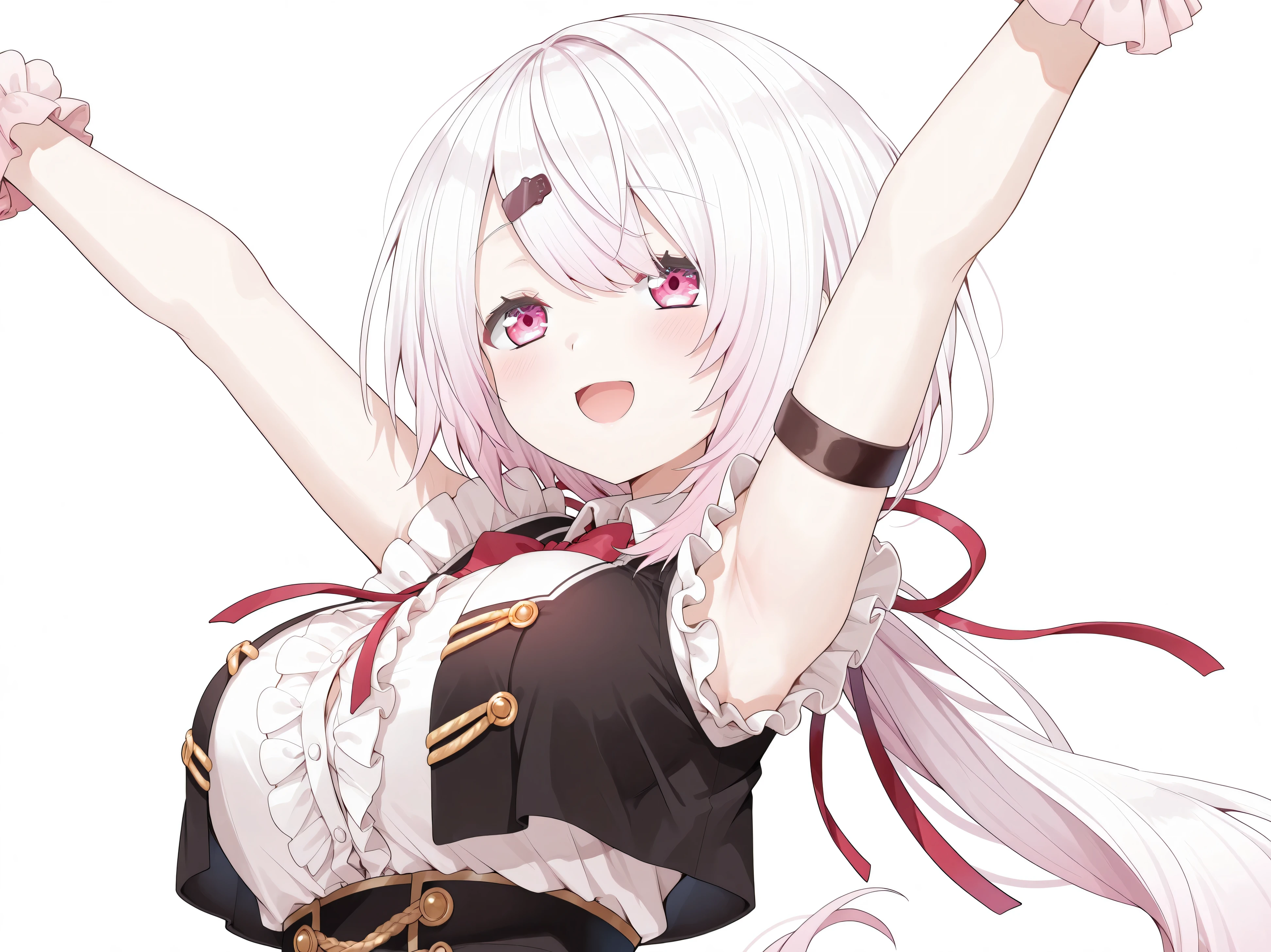 nijisanji,shiina yuika,happy,niji-yuika,large breasts,pink eyes,gradient hair,light pink hair,pastel pink hair,round face,very long hair,hairclip,low ponytail,hair ribbon,,masterpiece, best quality, highres, anatomically correct,((white background))