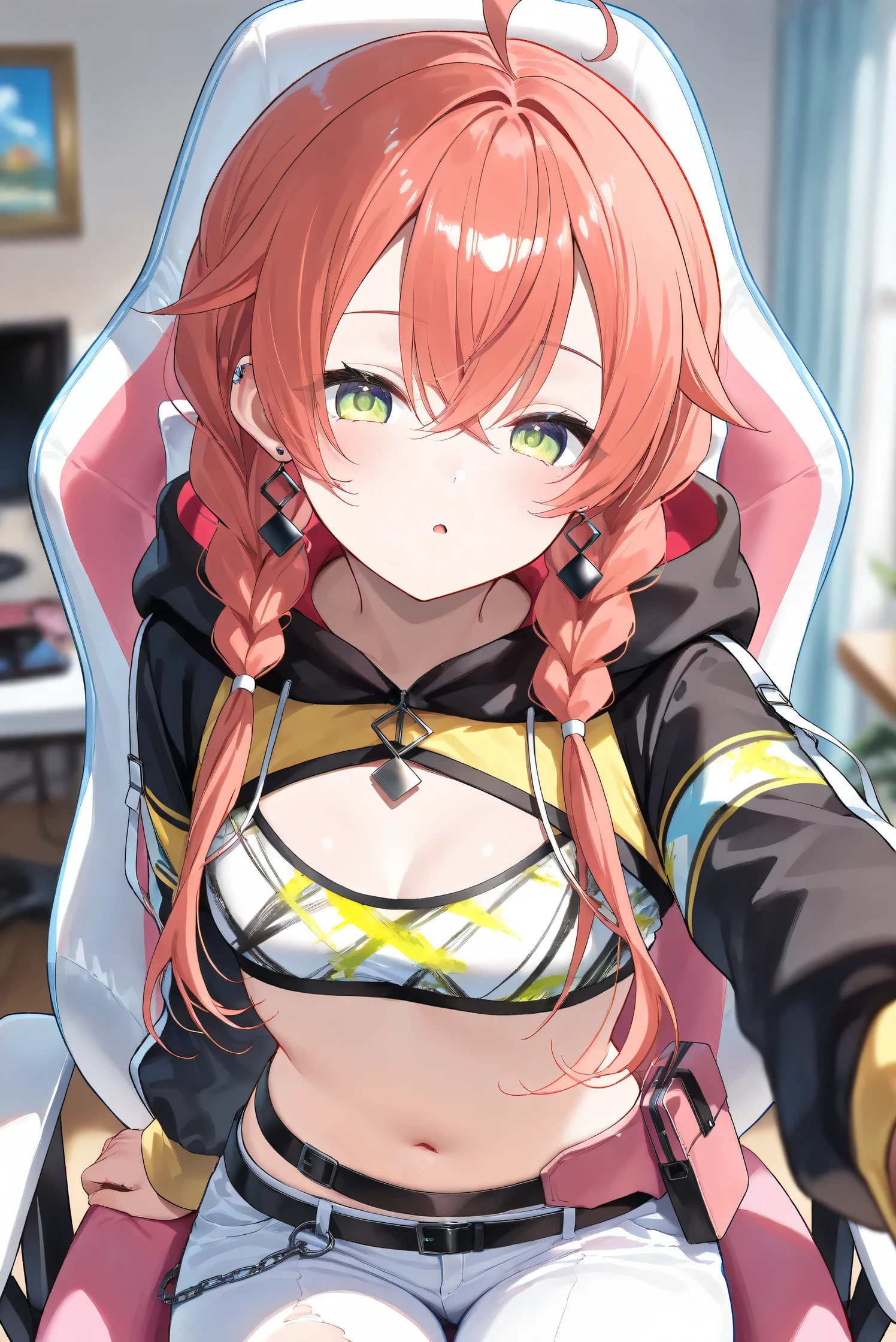 (Masterpiece), (Highest quality), (Very detailed), 
(The best shape), (Best Shadow), (Absurd), 
(Detailed background), (So beautiful), (Shiny), 
(Extraordinary), (Countershading), (8k), (32K), 
(High resolution), (Very Detailed CG), (UHD),

(Score_9), (Score_8_up), (Score_7_up), 
(Source_anime), (Pastel painting:1.2), 
(Watercolor painting:1.2),(Masterpiece, Detailed:1.2), (Foreshortening:1.2),

(Cinematic), (Dramatic), (Depth of field:1.4),
(Blurry background:1.4), (Realistic background:1.4),
(Foreshortening:1.3), (Dynamic angle), (1 girl), (solo), 

(indoor), (her room), (gaming chair), 

(Kuramochi Meruto), (Nijisanji), (Virtual youtuber), 

nijiakari, small breasts, green eyes, long eyelashes,
red hair, pink hair, orange hair, long hair, twin braids, bangs, ahoge, hair over shoulder, earring,

nijiakaricos, print crop top, midriff, stomach, navel, black belt, chain, pouch, black shrug\(clothing\),
long sleeves, black hood, 

SA1stHairstyle, SA1stCostume, red hair, 
low twin braids, green eyes, eyelashes, ahoge, asymmetrical earrings, ear piercing, black hoodie, 
hood down, crop top, cleavage, 

(portrait), 
(focus on face), (close up shot), 
(blash:1.3), (parted lips), (open mouth), 
(hood down), (droopy eyes:1.3), 
(sitting the gaming chair), (looking back), 
(looking at viewer), 