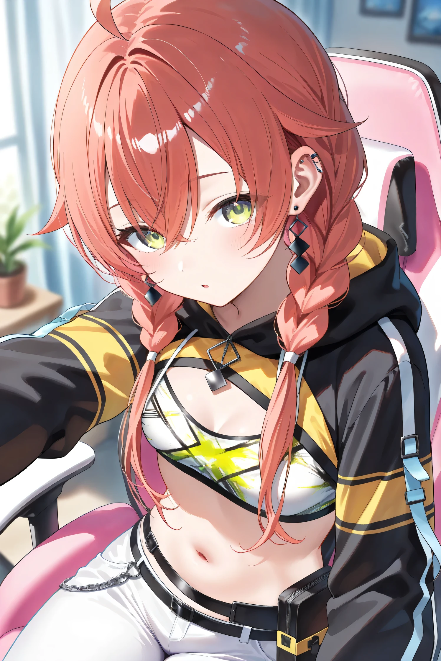 (Masterpiece), (Highest quality), (Very detailed), 
(The best shape), (Best Shadow), (Absurd), 
(Detailed background), (So beautiful), (Shiny), 
(Extraordinary), (Countershading), (8k), (32K), 
(High resolution), (Very Detailed CG), (UHD),

(Score_9), (Score_8_up), (Score_7_up), 
(Source_anime), (Pastel painting:1.2), 
(Watercolor painting:1.2),(Masterpiece, Detailed:1.2), (Foreshortening:1.2),

(Cinematic), (Dramatic), (Depth of field:1.4),
(Blurry background:1.4), (Realistic background:1.4),
(Foreshortening:1.3), (Dynamic angle), (1 girl), (solo), 

(indoor), (her room), (gaming chair), 

(Kuramochi Meruto), (Nijisanji), (Virtual youtuber), 

nijiakari, small breasts, green eyes, long eyelashes,
red hair, pink hair, orange hair, long hair, twin braids, bangs, ahoge, hair over shoulder, earring,

nijiakaricos, print crop top, midriff, stomach, navel, black belt, chain, pouch, black shrug\(clothing\),
long sleeves, black hood, 

SA1stHairstyle, SA1stCostume, red hair, 
low twin braids, green eyes, eyelashes, ahoge, asymmetrical earrings, ear piercing, black hoodie, 
hood down, crop top, cleavage, 

(portrait), 
(focus on face), (close up shot), 
(blash:1.3), (parted lips), (open mouth), 
(hood down), (droopy eyes:1.3), 
(sitting the gaming chair), (looking back), 
(looking at viewer), 