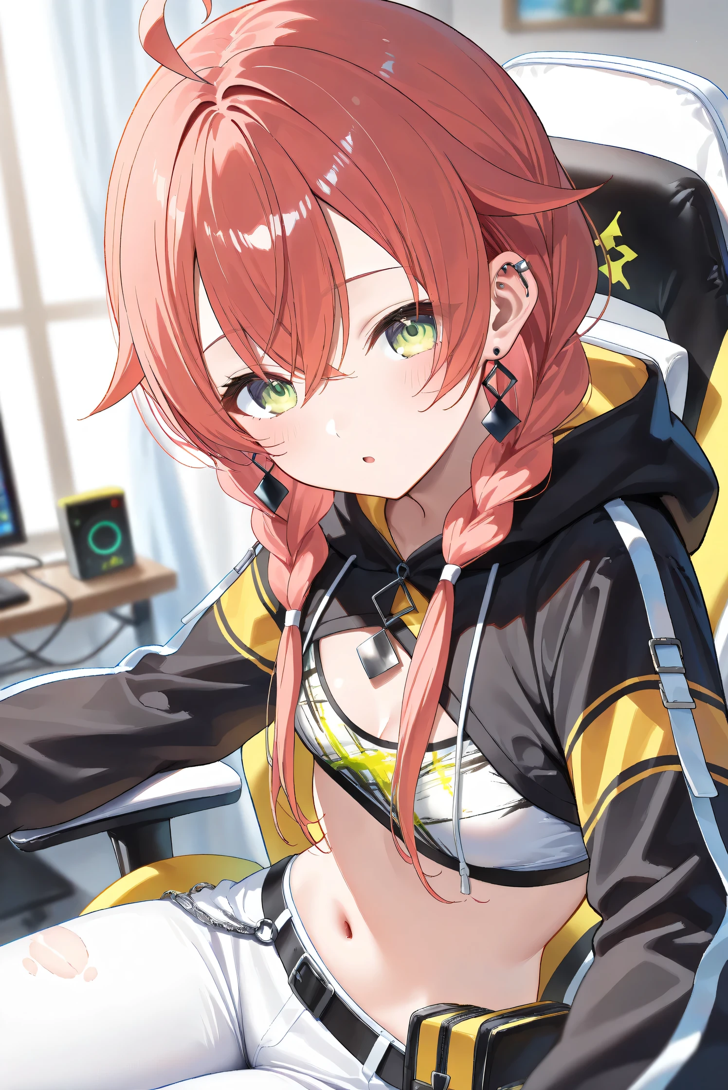 (Masterpiece), (Highest quality), (Very detailed), 
(The best shape), (Best Shadow), (Absurd), 
(Detailed background), (So beautiful), (Shiny), 
(Extraordinary), (Countershading), (8k), (32K), 
(High resolution), (Very Detailed CG), (UHD),

(Score_9), (Score_8_up), (Score_7_up), 
(Source_anime), (Pastel painting:1.2), 
(Watercolor painting:1.2),(Masterpiece, Detailed:1.2), (Foreshortening:1.2),

(Cinematic), (Dramatic), (Depth of field:1.4),
(Blurry background:1.4), (Realistic background:1.4),
(Foreshortening:1.3), (Dynamic angle), (1 girl), (solo), 

(indoor), (her room), (gaming chair), 

(Kuramochi Meruto), (Nijisanji), (Virtual youtuber), 

nijiakari, small breasts, green eyes, long eyelashes,
red hair, pink hair, orange hair, long hair, twin braids, bangs, ahoge, hair over shoulder, earring,

nijiakaricos, print crop top, midriff, stomach, navel, black belt, chain, pouch, black shrug\(clothing\),
long sleeves, black hood, 

SA1stHairstyle, SA1stCostume, red hair, 
low twin braids, green eyes, eyelashes, ahoge, asymmetrical earrings, ear piercing, black hoodie, 
hood down, crop top, cleavage, 

(portrait), 
(focus on face), (close up shot), 
(blash:1.3), (parted lips), (open mouth), 
(hood down), (droopy eyes:1.3), 
(sitting the gaming chair), (looking back), 
(looking at viewer), 