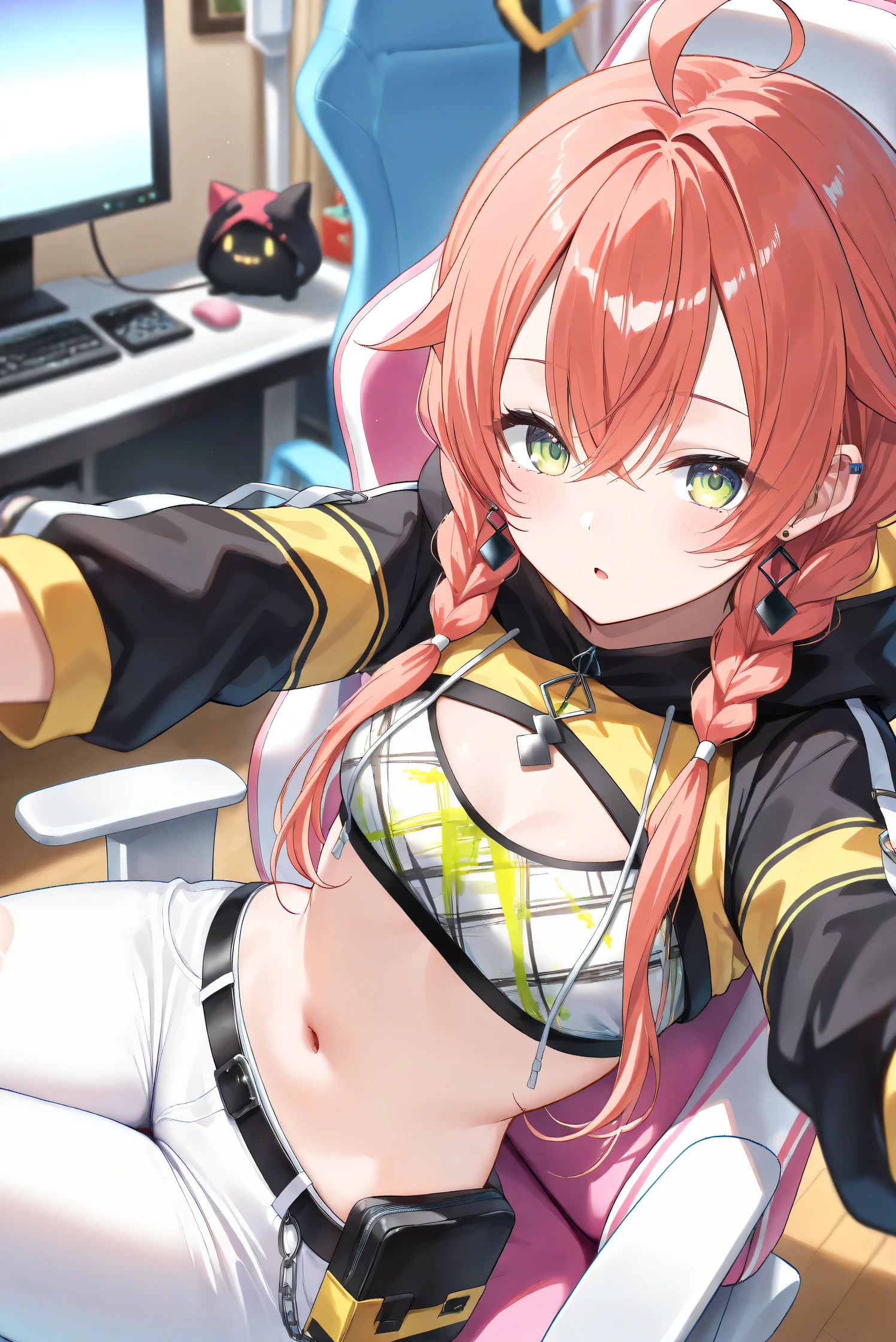 (Masterpiece), (Highest quality), (Very detailed), 
(The best shape), (Best Shadow), (Absurd), 
(Detailed background), (So beautiful), (Shiny), 
(Extraordinary), (Countershading), (8k), (32K), 
(High resolution), (Very Detailed CG), (UHD),

(Score_9), (Score_8_up), (Score_7_up), 
(Source_anime), (Pastel painting:1.2), 
(Watercolor painting:1.2),(Masterpiece, Detailed:1.2), (Foreshortening:1.2),

(Cinematic), (Dramatic), (Depth of field:1.4),
(Blurry background:1.4), (Realistic background:1.4),
(Foreshortening:1.3), (Dynamic angle), (1 girl), (solo), 

(indoor), (her room), (gaming chair), 

(Kuramochi Meruto), (Nijisanji), (Virtual youtuber), 

nijiakari, small breasts, green eyes, long eyelashes,
red hair, pink hair, orange hair, long hair, twin braids, bangs, ahoge, hair over shoulder, earring,

nijiakaricos, print crop top, midriff, stomach, navel, black belt, chain, pouch, black shrug\(clothing\),
long sleeves, black hood, 

SA1stHairstyle, SA1stCostume, red hair, 
low twin braids, green eyes, eyelashes, ahoge, asymmetrical earrings, ear piercing, black hoodie, 
hood down, crop top, cleavage, 

(portrait), 
(focus on face), (close up shot), 
(blash:1.3), (parted lips), (open mouth), 
(hood down), (droopy eyes:1.3), 
(sitting the gaming chair), (looking back), 
(looking at viewer), 
