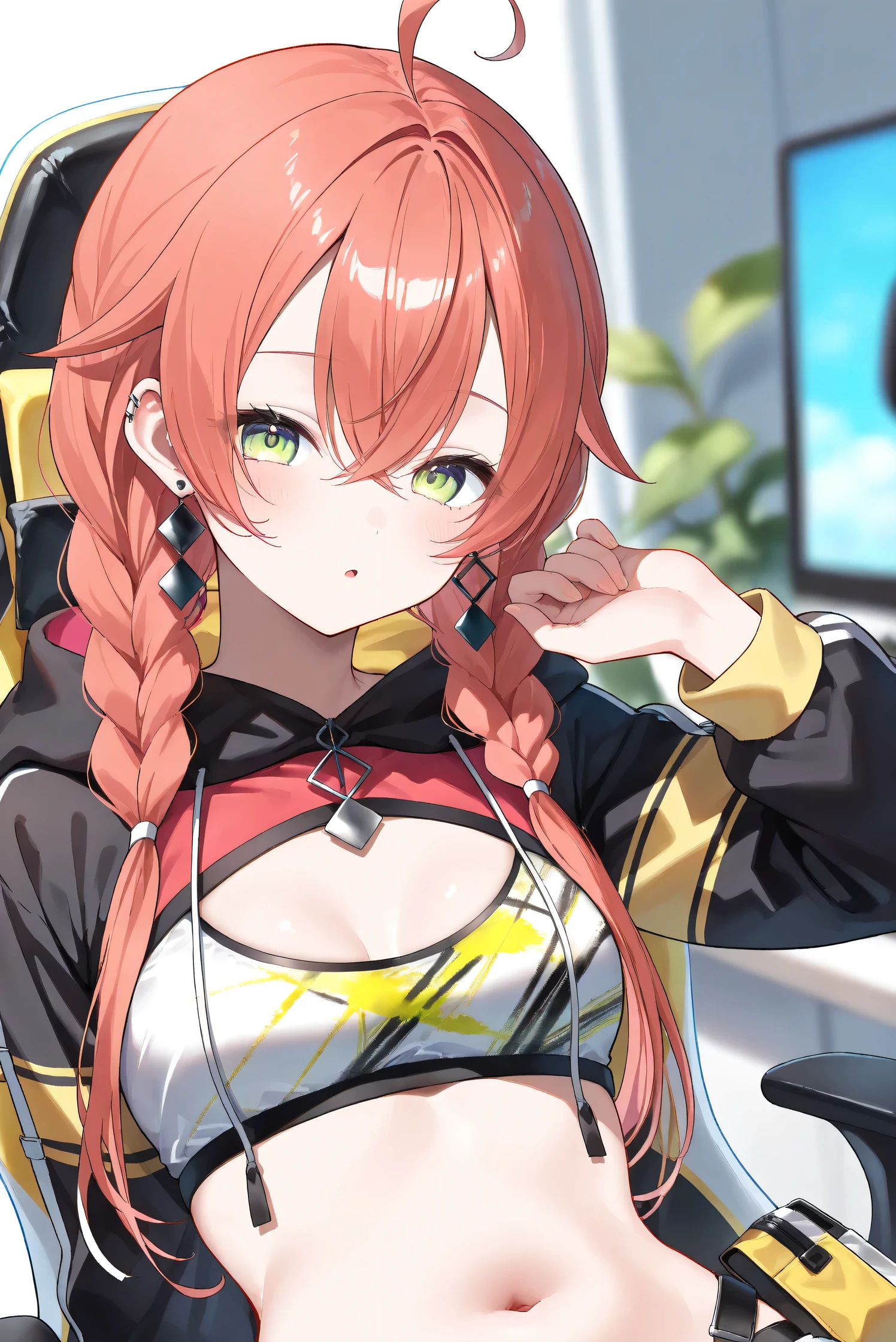 (Masterpiece), (Highest quality), (Very detailed), 
(The best shape), (Best Shadow), (Absurd), 
(Detailed background), (So beautiful), (Shiny), 
(Extraordinary), (Countershading), (8k), (32K), 
(High resolution), (Very Detailed CG), (UHD),

(Score_9), (Score_8_up), (Score_7_up), 
(Source_anime), (Pastel painting:1.2), 
(Watercolor painting:1.2),(Masterpiece, Detailed:1.2), (Foreshortening:1.2),

(Cinematic), (Dramatic), (Depth of field:1.4),
(Blurry background:1.4), (Realistic background:1.4),
(Foreshortening:1.3), (Dynamic angle), (1 girl), (solo), 

(indoor), (her room), (gaming chair), 

(Kuramochi Meruto), (Nijisanji), (Virtual youtuber), 

nijiakari, small breasts, green eyes, long eyelashes,
red hair, pink hair, orange hair, long hair, twin braids, bangs, ahoge, hair over shoulder, earring,

nijiakaricos, print crop top, midriff, stomach, navel, black belt, chain, pouch, black shrug\(clothing\),
long sleeves, black hood, 

SA1stHairstyle, SA1stCostume, red hair, 
low twin braids, green eyes, eyelashes, ahoge, asymmetrical earrings, ear piercing, black hoodie, 
hood down, crop top, cleavage, 

(portrait), 
(focus on face), (close up shot), 
(blash:1.3), (parted lips), (open mouth), 
(hood down), (droopy eyes:1.3), 
(sitting the gaming chair), (looking back), 
(looking at viewer), 