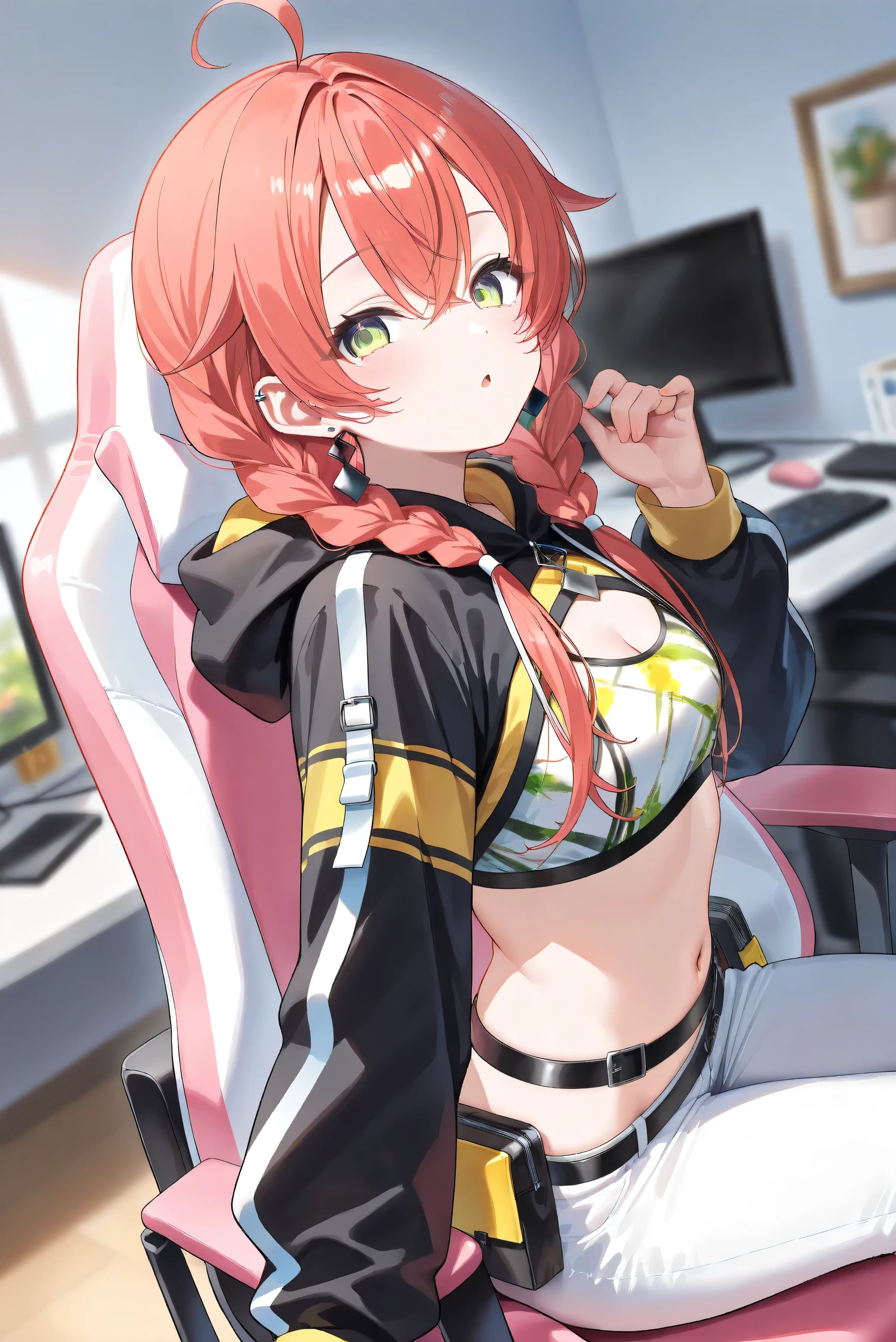 (Masterpiece), (Highest quality), (Very detailed), 
(The best shape), (Best Shadow), (Absurd), 
(Detailed background), (So beautiful), (Shiny), 
(Extraordinary), (Countershading), (8k), (32K), 
(High resolution), (Very Detailed CG), (UHD),

(Score_9), (Score_8_up), (Score_7_up), 
(Source_anime), (Pastel painting:1.2), 
(Watercolor painting:1.2),(Masterpiece, Detailed:1.2), (Foreshortening:1.2),

(Cinematic), (Dramatic), (Depth of field:1.4),
(Blurry background:1.4), (Realistic background:1.4),
(Foreshortening:1.3), (Dynamic angle), (1 girl), (solo), 

(indoor), (her room), (gaming chair), 

(Kuramochi Meruto), (Nijisanji), (Virtual youtuber), 

nijiakari, small breasts, green eyes, long eyelashes,
red hair, pink hair, orange hair, long hair, twin braids, bangs, ahoge, hair over shoulder, earring,

nijiakaricos, print crop top, midriff, stomach, navel, black belt, chain, pouch, black shrug\(clothing\),
long sleeves, black hood, 

SA1stHairstyle, SA1stCostume, red hair, 
low twin braids, green eyes, eyelashes, ahoge, asymmetrical earrings, ear piercing, black hoodie, 
hood down, crop top, cleavage, 

(portrait), 
(focus on face), (close up shot), 
(blash:1.3), (parted lips), (open mouth), 
(hood down), (droopy eyes:1.3), 
(sitting the gaming chair), (looking back), 
(looking at viewer), 
