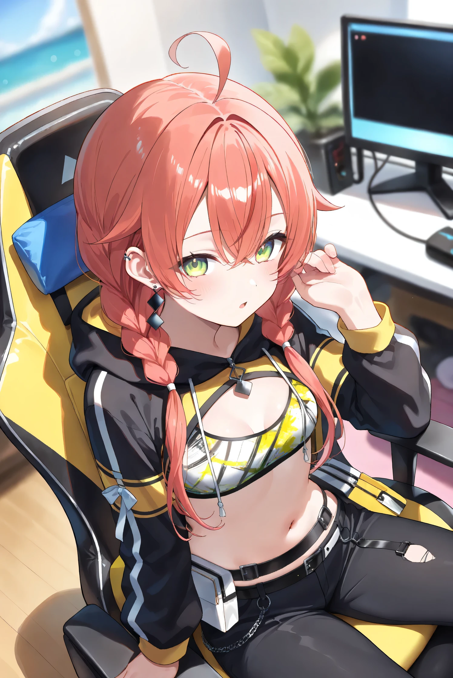 (Masterpiece), (Highest quality), (Very detailed), 
(The best shape), (Best Shadow), (Absurd), 
(Detailed background), (So beautiful), (Shiny), 
(Extraordinary), (Countershading), (8k), (32K), 
(High resolution), (Very Detailed CG), (UHD),

(Score_9), (Score_8_up), (Score_7_up), 
(Source_anime), (Pastel painting:1.2), 
(Watercolor painting:1.2),(Masterpiece, Detailed:1.2), (Foreshortening:1.2),

(Cinematic), (Dramatic), (Depth of field:1.4),
(Blurry background:1.4), (Realistic background:1.4),
(Foreshortening:1.3), (Dynamic angle), (1 girl), (solo), 

(indoor), (her room), (gaming chair), 

(Kuramochi Meruto), (Nijisanji), (Virtual youtuber), 

nijiakari, small breasts, green eyes, long eyelashes,
red hair, pink hair, orange hair, long hair, twin braids, bangs, ahoge, hair over shoulder, earring,

nijiakaricos, print crop top, midriff, stomach, navel, black belt, chain, pouch, black shrug\(clothing\),
long sleeves, black hood, 

SA1stHairstyle, SA1stCostume, red hair, 
low twin braids, green eyes, eyelashes, ahoge, asymmetrical earrings, ear piercing, black hoodie, 
hood down, crop top, cleavage, 

(portrait), 
(focus on face), (close up shot), 
(blash:1.3), (parted lips), (open mouth), 
(hood down), (droopy eyes:1.3), 
(sitting the gaming chair), (looking back), 
(looking at viewer), 