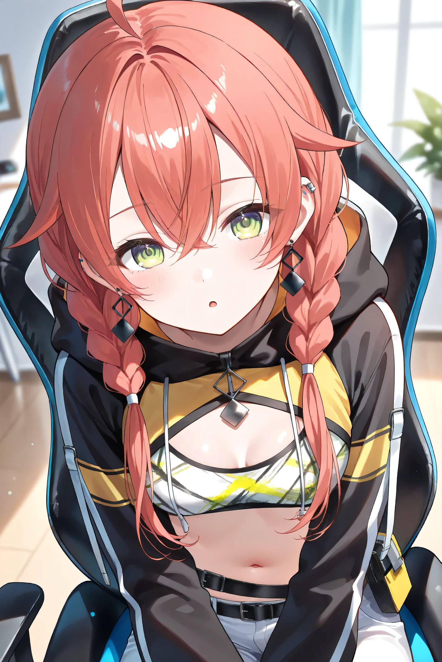 (Masterpiece), (Highest quality), (Very detailed), 
(The best shape), (Best Shadow), (Absurd), 
(Detailed background), (So beautiful), (Shiny), 
(Extraordinary), (Countershading), (8k), (32K), 
(High resolution), (Very Detailed CG), (UHD),

(Score_9), (Score_8_up), (Score_7_up), 
(Source_anime), (Pastel painting:1.2), 
(Watercolor painting:1.2),(Masterpiece, Detailed:1.2), (Foreshortening:1.2),

(Cinematic), (Dramatic), (Depth of field:1.4),
(Blurry background:1.4), (Realistic background:1.4),
(Foreshortening:1.3), (Dynamic angle), (1 girl), (solo), 

(indoor), (her room), (gaming chair), 

(Kuramochi Meruto), (Nijisanji), (Virtual youtuber), 

nijiakari, small breasts, green eyes, long eyelashes,
red hair, pink hair, orange hair, long hair, twin braids, bangs, ahoge, hair over shoulder, earring,

nijiakaricos, print crop top, midriff, stomach, navel, black belt, chain, pouch, black shrug\(clothing\),
long sleeves, black hood, 

SA1stHairstyle, SA1stCostume, red hair, 
low twin braids, green eyes, eyelashes, ahoge, asymmetrical earrings, ear piercing, black hoodie, 
hood down, crop top, cleavage, 

(portrait:1.2), 
(focus on face), (close up shot), 
(blash:1.3), (parted lips), (open mouth), 
(hood down), (droopy eyes:1.3), 
(sitting the gaming chair), (looking back), 
(looking at viewer), 
