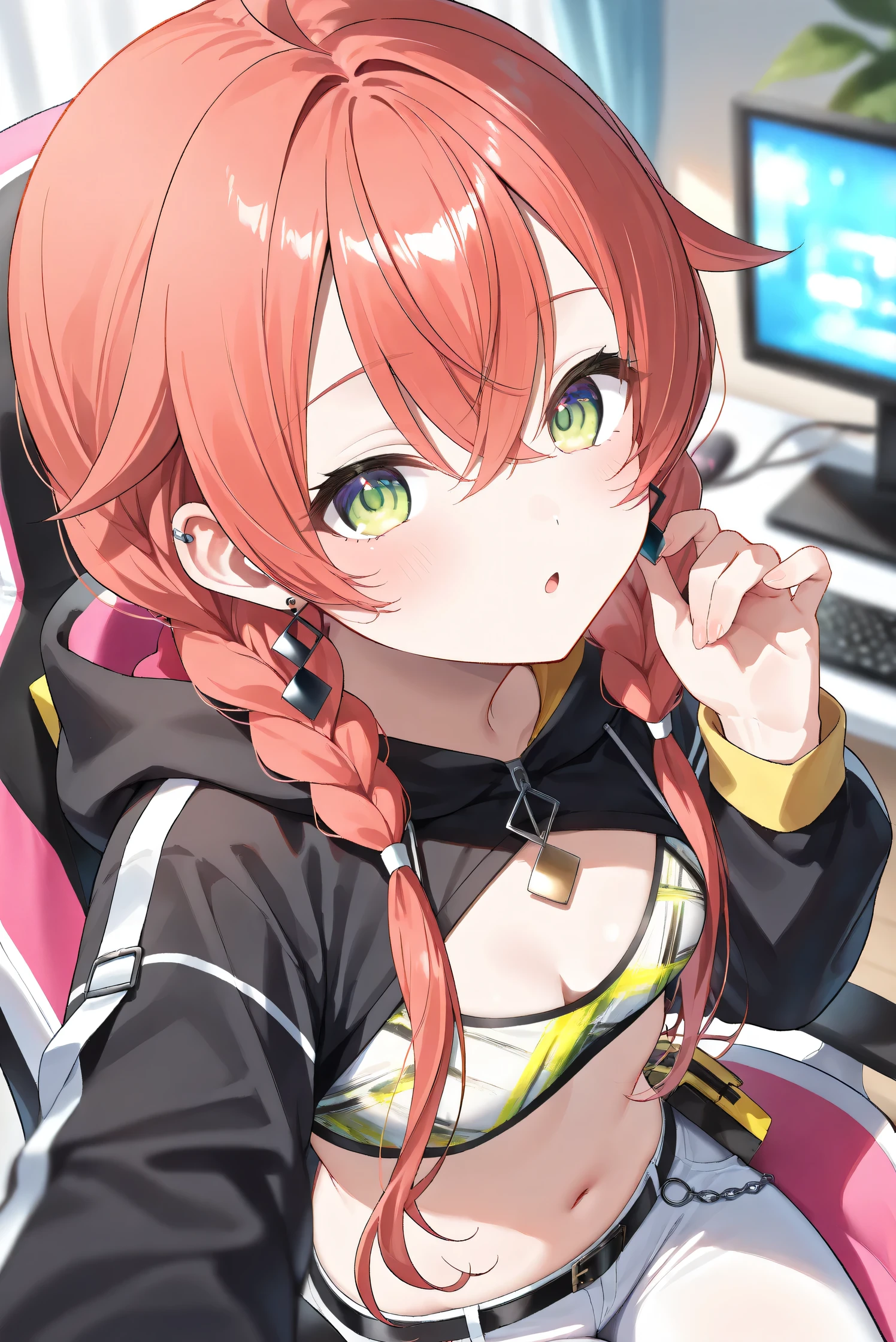 (Masterpiece), (Highest quality), (Very detailed), 
(The best shape), (Best Shadow), (Absurd), 
(Detailed background), (So beautiful), (Shiny), 
(Extraordinary), (Countershading), (8k), (32K), 
(High resolution), (Very Detailed CG), (UHD),

(Score_9), (Score_8_up), (Score_7_up), 
(Source_anime), (Pastel painting:1.2), 
(Watercolor painting:1.2),(Masterpiece, Detailed:1.2), (Foreshortening:1.2),

(Cinematic), (Dramatic), (Depth of field:1.4),
(Blurry background:1.4), (Realistic background:1.4),
(Foreshortening:1.3), (Dynamic angle), (1 girl), (solo), 

(indoor), (her room), (gaming chair), 

(Kuramochi Meruto), (Nijisanji), (Virtual youtuber), 

nijiakari, small breasts, green eyes, long eyelashes,
red hair, pink hair, orange hair, long hair, twin braids, bangs, ahoge, hair over shoulder, earring,

nijiakaricos, print crop top, midriff, stomach, navel, black belt, chain, pouch, black shrug\(clothing\),
long sleeves, black hood, 

SA1stHairstyle, SA1stCostume, red hair, 
low twin braids, green eyes, eyelashes, ahoge, asymmetrical earrings, ear piercing, black hoodie, 
hood down, crop top, cleavage, 

(portrait:1.2), 
(focus on face), (close up shot), 
(blash:1.3), (parted lips), (open mouth), 
(hood down), (droopy eyes:1.3), 
(sitting the gaming chair), (looking back), 
(looking at viewer), 