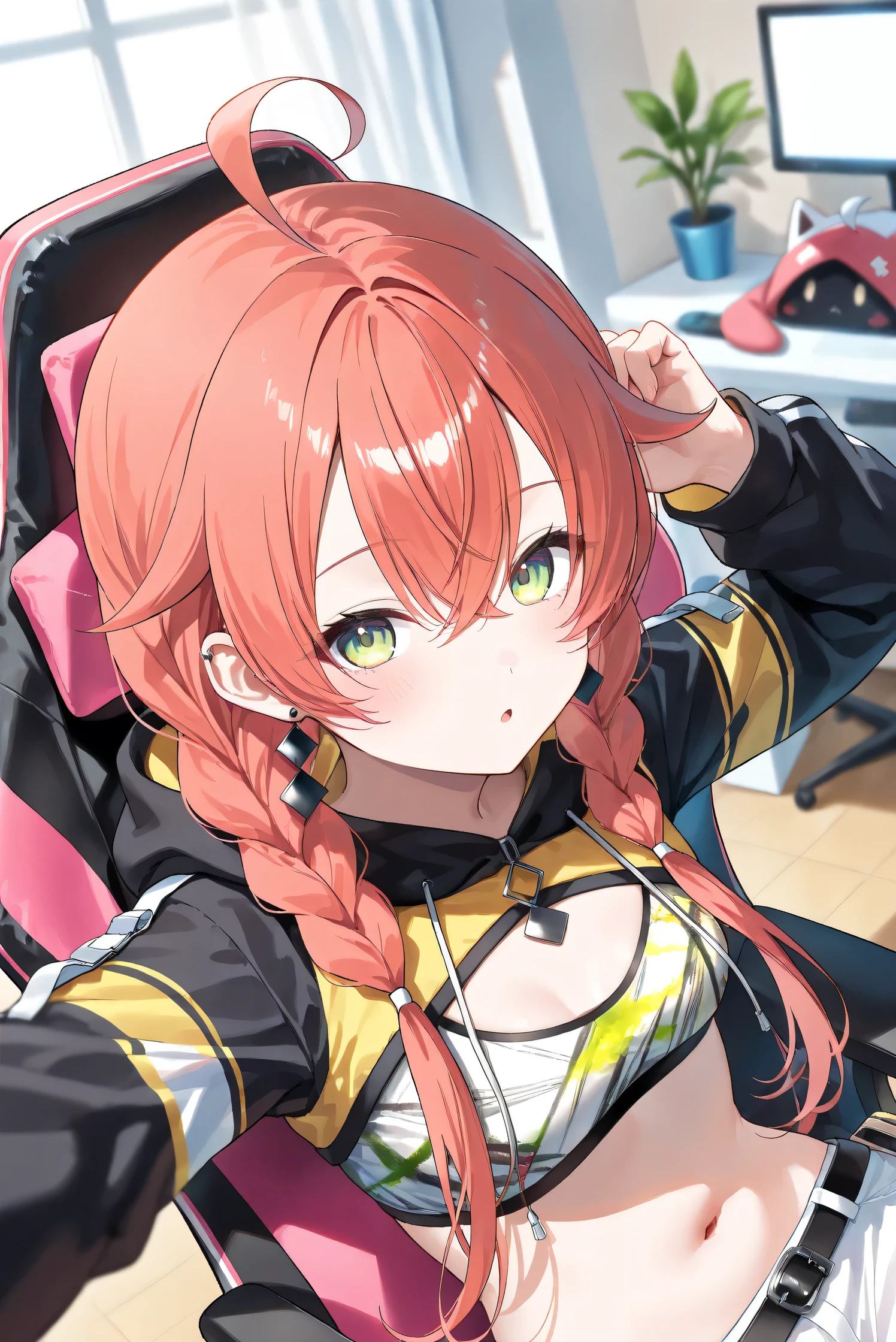 (Masterpiece), (Highest quality), (Very detailed), 
(The best shape), (Best Shadow), (Absurd), 
(Detailed background), (So beautiful), (Shiny), 
(Extraordinary), (Countershading), (8k), (32K), 
(High resolution), (Very Detailed CG), (UHD),

(Score_9), (Score_8_up), (Score_7_up), 
(Source_anime), (Pastel painting:1.2), 
(Watercolor painting:1.2),(Masterpiece, Detailed:1.2), (Foreshortening:1.2),

(Cinematic), (Dramatic), (Depth of field:1.4),
(Blurry background:1.4), (Realistic background:1.4),
(Foreshortening:1.3), (Dynamic angle), (1 girl), (solo), 

(indoor), (her room), (gaming chair), 

(Kuramochi Meruto), (Nijisanji), (Virtual youtuber), 

nijiakari, small breasts, green eyes, long eyelashes,
red hair, pink hair, orange hair, long hair, twin braids, bangs, ahoge, hair over shoulder, earring,

nijiakaricos, print crop top, midriff, stomach, navel, black belt, chain, pouch, black shrug\(clothing\),
long sleeves, black hood, 

SA1stHairstyle, SA1stCostume, red hair, 
low twin braids, green eyes, eyelashes, ahoge, asymmetrical earrings, ear piercing, black hoodie, 
hood down, crop top, cleavage, 

(portrait:1.2), 
(focus on face), (close up shot), 
(blash:1.3), (parted lips), (open mouth), 
(hood down), (droopy eyes:1.3), 
(sitting the gaming chair), (looking back), 
(looking at viewer), 
