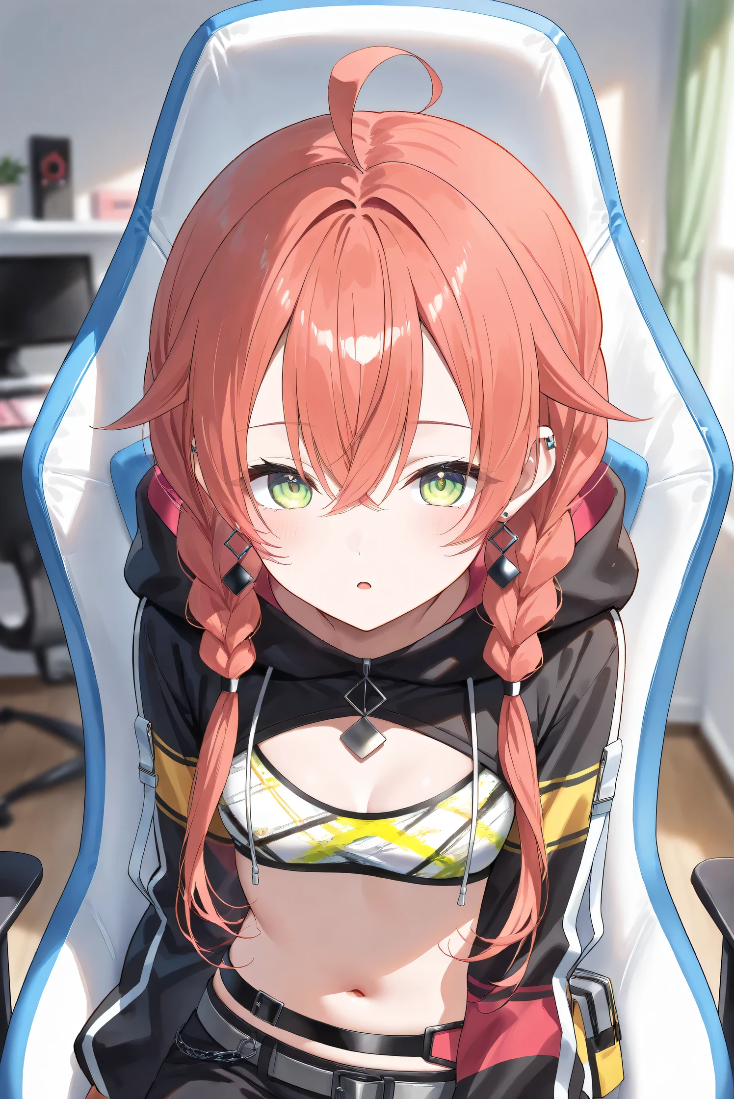 (Masterpiece), (Highest quality), (Very detailed), 
(The best shape), (Best Shadow), (Absurd), 
(Detailed background), (So beautiful), (Shiny), 
(Extraordinary), (Countershading), (8k), (32K), 
(High resolution), (Very Detailed CG), (UHD),

(Score_9), (Score_8_up), (Score_7_up), 
(Source_anime), (Pastel painting:1.2), 
(Watercolor painting:1.2),(Masterpiece, Detailed:1.2), (Foreshortening:1.2),

(Cinematic), (Dramatic), (Depth of field:1.4),
(Blurry background:1.4), (Realistic background:1.4),
(Foreshortening:1.3), (Dynamic angle), (1 girl), (solo), 

(indoor), (her room), (gaming chair), 

(Kuramochi Meruto), (Nijisanji), (Virtual youtuber), 

nijiakari, small breasts, green eyes, long eyelashes,
red hair, pink hair, orange hair, long hair, twin braids, bangs, ahoge, hair over shoulder, earring,

nijiakaricos, print crop top, midriff, stomach, navel, black belt, chain, pouch, black shrug\(clothing\),
long sleeves, black hood, 

SA1stHairstyle, SA1stCostume, red hair, 
low twin braids, green eyes, eyelashes, ahoge, asymmetrical earrings, ear piercing, black hoodie, 
hood down, crop top, cleavage, 

(portrait:1.2), 
(focus on face), (close up shot), 
(blash:1.3), (parted lips), (open mouth), 
(hood down), (droopy eyes:1.3), 
(sitting the gaming chair), (looking back), 
(looking at viewer), 