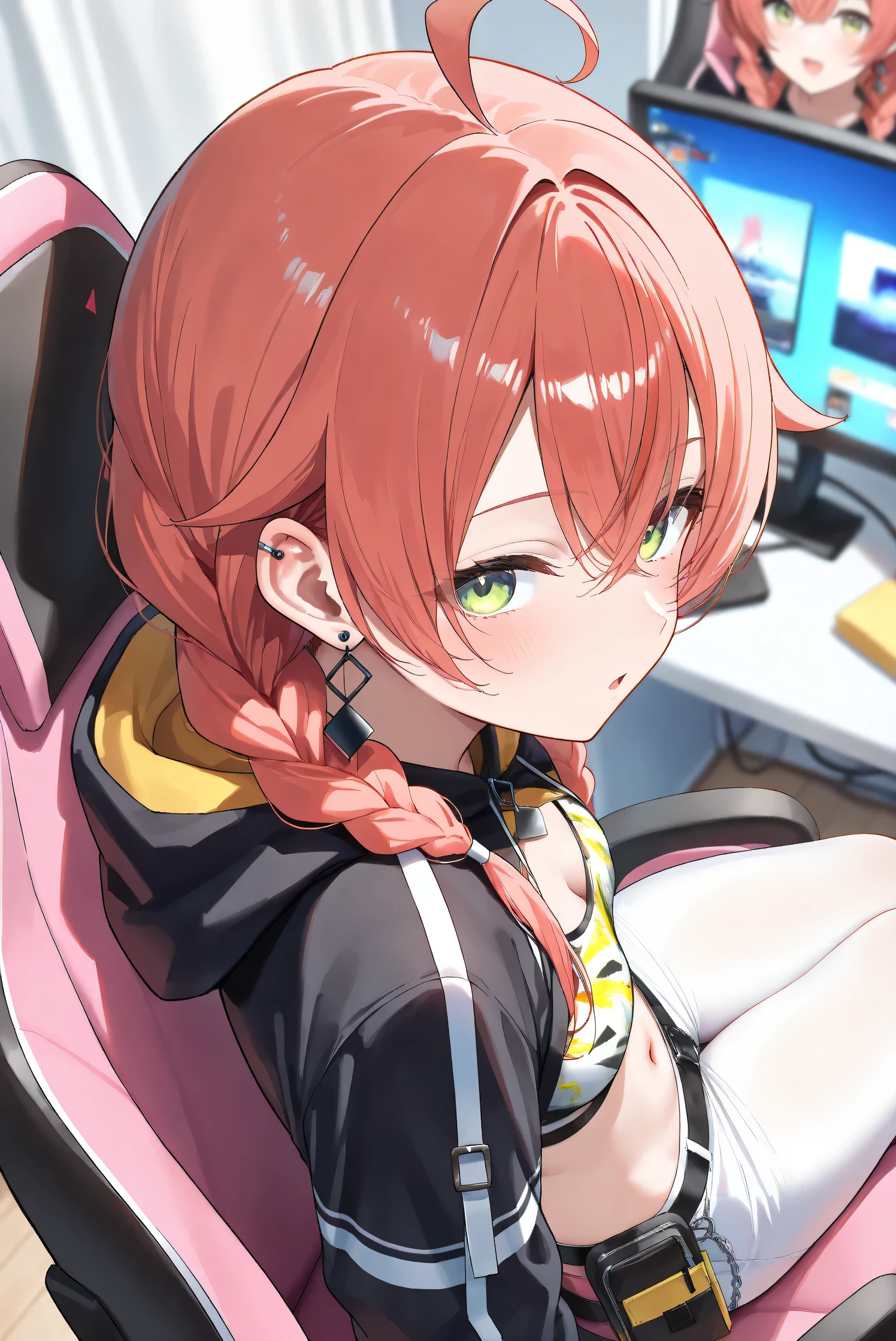 (Masterpiece), (Highest quality), (Very detailed), 
(The best shape), (Best Shadow), (Absurd), 
(Detailed background), (So beautiful), (Shiny), 
(Extraordinary), (Countershading), (8k), (32K), 
(High resolution), (Very Detailed CG), (UHD),

(Score_9), (Score_8_up), (Score_7_up), 
(Source_anime), (Pastel painting:1.2), 
(Watercolor painting:1.2),(Masterpiece, Detailed:1.2), (Foreshortening:1.2),

(Cinematic), (Dramatic), (Depth of field:1.4),
(Blurry background:1.4), (Realistic background:1.4),
(Foreshortening:1.3), (Dynamic angle), (1 girl), (solo), 

(indoor), (her room), (gaming chair), 

(Kuramochi Meruto), (Nijisanji), (Virtual youtuber), 

nijiakari, small breasts, green eyes, long eyelashes,
red hair, pink hair, orange hair, long hair, twin braids, bangs, ahoge, hair over shoulder, earring,

nijiakaricos, print crop top, midriff, stomach, navel, black belt, chain, pouch, black shrug\(clothing\),
long sleeves, black hood, 

SA1stHairstyle, SA1stCostume, red hair, 
low twin braids, green eyes, eyelashes, ahoge, asymmetrical earrings, ear piercing, black hoodie, 
hood down, crop top, cleavage, 

(portrait:1.2), 
(focus on face), (close up shot), 
(blash:1.3), (parted lips), (open mouth), 
(hood down), (droopy eyes:1.3), 
(sitting the gaming chair), (looking back), 
(looking at viewer), 
