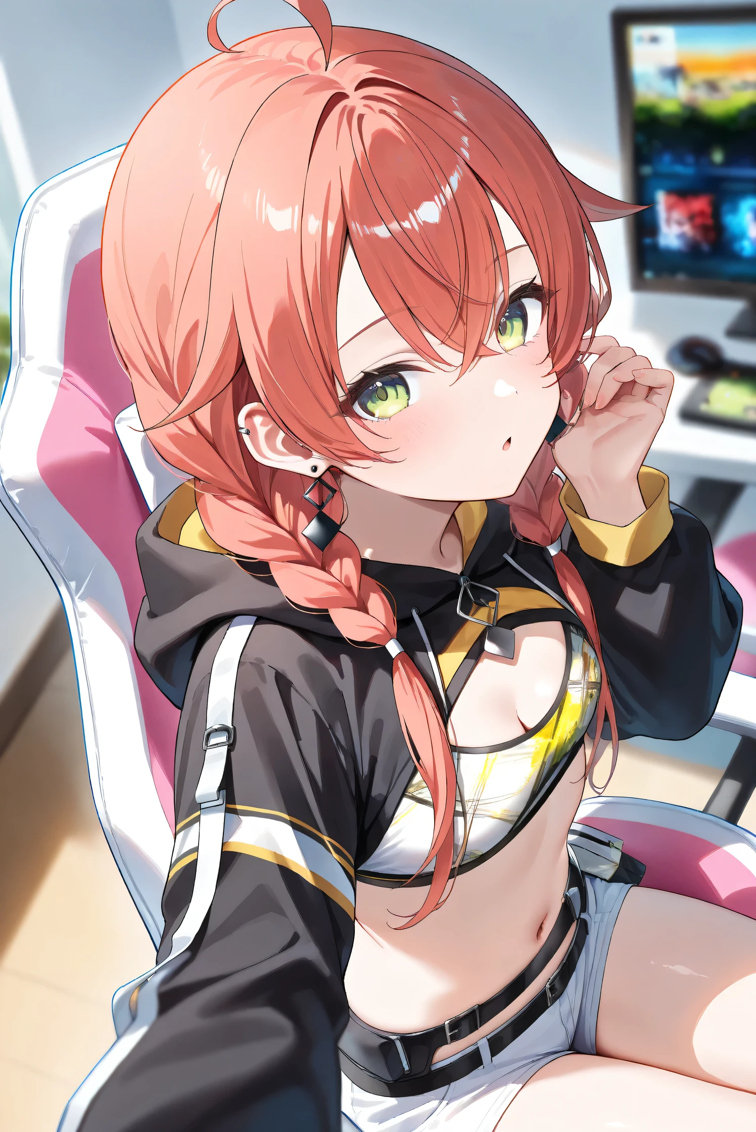 (Masterpiece), (Highest quality), (Very detailed), 
(The best shape), (Best Shadow), (Absurd), 
(Detailed background), (So beautiful), (Shiny), 
(Extraordinary), (Countershading), (8k), (32K), 
(High resolution), (Very Detailed CG), (UHD),

(Score_9), (Score_8_up), (Score_7_up), 
(Source_anime), (Pastel painting:1.2), 
(Watercolor painting:1.2),(Masterpiece, Detailed:1.2), (Foreshortening:1.2),

(Cinematic), (Dramatic), (Depth of field:1.4),
(Blurry background:1.4), (Realistic background:1.4),
(Foreshortening:1.3), (Dynamic angle), (1 girl), (solo), 

(indoor), (her room), (gaming chair), 

(Kuramochi Meruto), (Nijisanji), (Virtual youtuber), 

nijiakari, small breasts, green eyes, long eyelashes,
red hair, pink hair, orange hair, long hair, twin braids, bangs, ahoge, hair over shoulder, earring,

nijiakaricos, print crop top, midriff, stomach, navel, black belt, chain, pouch, black shrug\(clothing\),
long sleeves, black hood, 

SA1stHairstyle, SA1stCostume, red hair, 
low twin braids, green eyes, eyelashes, ahoge, asymmetrical earrings, ear piercing, black hoodie, 
hood down, crop top, cleavage, 

(portrait:1.2), 
(focus on face), (close up shot), 
(blash:1.3), (parted lips), (open mouth), 
(hood down), (droopy eyes:1.3), 
(sitting the gaming chair), (looking back), 
(looking at viewer), 