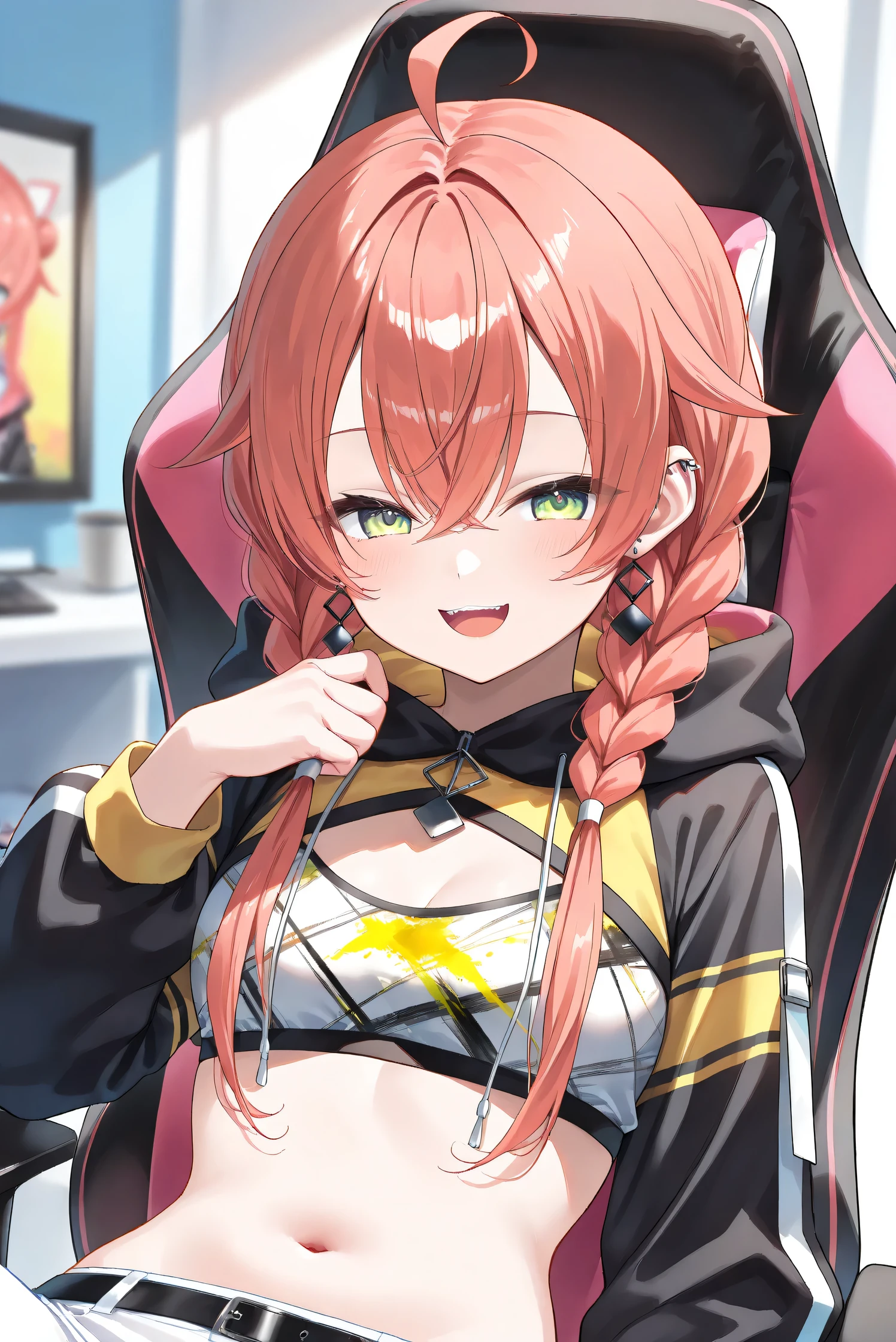 (Masterpiece), (Highest quality), (Very detailed), 
(The best shape), (Best Shadow), (Absurd), 
(Detailed background), (So beautiful), (Shiny), 
(Extraordinary), (Countershading), (8k), (32K), 
(High resolution), (Very Detailed CG), (UHD),

(Score_9), (Score_8_up), (Score_7_up), 
(Source_anime), (Pastel painting:1.2), 
(Watercolor painting:1.2),(Masterpiece, Detailed:1.2), (Foreshortening:1.2),

(Cinematic), (Dramatic), (Depth of field:1.4),
(Blurry background:1.4), (Realistic background:1.4),
(Foreshortening:1.3), (Dynamic angle), (1 girl), (solo), 

(indoor), (her room), (gaming chair), 

(Kuramochi Meruto), (Nijisanji), (Virtual youtuber), 

nijiakari, small breasts, green eyes, long eyelashes,
red hair, pink hair, orange hair, long hair, twin braids, bangs, ahoge, hair over shoulder, earring,

nijiakaricos, print crop top, midriff, stomach, navel, black belt, chain, pouch, black shrug\(clothing\),
long sleeves, black hood, 

SA1stHairstyle, SA1stCostume, red hair, 
low twin braids, green eyes, eyelashes, ahoge, asymmetrical earrings, ear piercing, black hoodie, 
hood down, crop top, cleavage, 

(portrait:1.2), 
(focus on face), (close up shot), 
(blash:1.3), (parted lips), (open mouth), 
(hood down), (droopy eyes:1.3), 
(sitting the gaming chair), 
(looking at viewer), (canine teeth), (seductive smile), 