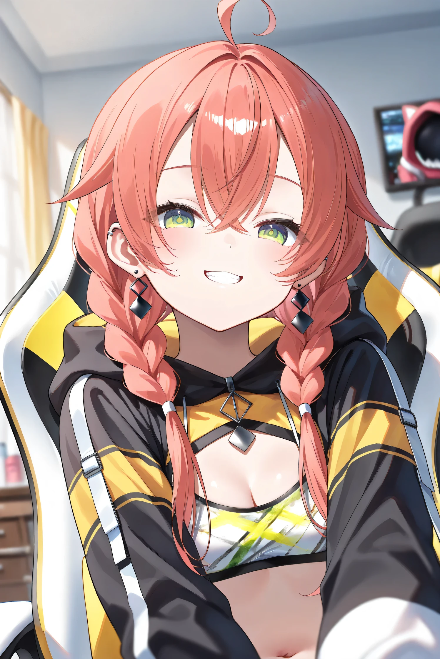 (Masterpiece), (Highest quality), (Very detailed), 
(The best shape), (Best Shadow), (Absurd), 
(Detailed background), (So beautiful), (Shiny), 
(Extraordinary), (Countershading), (8k), (32K), 
(High resolution), (Very Detailed CG), (UHD),

(Score_9), (Score_8_up), (Score_7_up), 
(Source_anime), (Pastel painting:1.2), 
(Watercolor painting:1.2),(Masterpiece, Detailed:1.2), (Foreshortening:1.2),

(Cinematic), (Dramatic), (Depth of field:1.4),
(Blurry background:1.4), (Realistic background:1.4),
(Foreshortening:1.3), (Dynamic angle), (1 girl), (solo), 

(indoor), (her room), (gaming chair), 

(Kuramochi Meruto), (Nijisanji), (Virtual youtuber), 

nijiakari, small breasts, green eyes, long eyelashes,
red hair, pink hair, orange hair, long hair, twin braids, bangs, ahoge, hair over shoulder, earring,

nijiakaricos, print crop top, midriff, stomach, navel, black belt, chain, pouch, black shrug\(clothing\),
long sleeves, black hood, 

SA1stHairstyle, SA1stCostume, red hair, 
low twin braids, green eyes, eyelashes, ahoge, asymmetrical earrings, ear piercing, black hoodie, 
hood down, crop top, cleavage, 

(portrait:1.2), (from below), 
(focus on face), (close up shot), 
(blash:1.3), (parted lips), (smile), (happy), 
(hood down), (droopy eyes:1.3), 
(sitting the gaming chair), 
(looking at viewer), (canine teeth), 