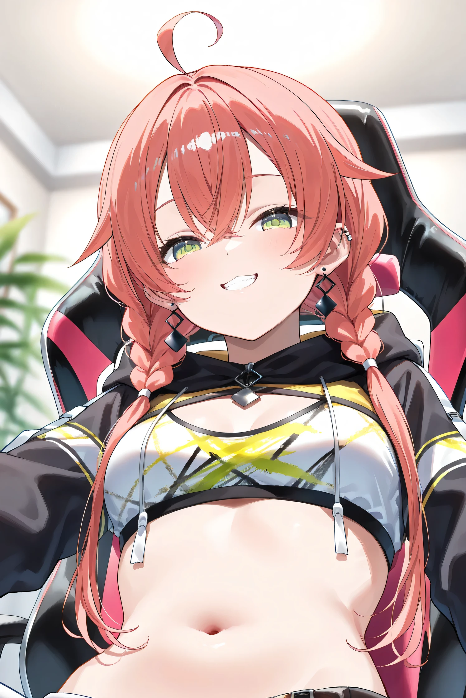 (Masterpiece), (Highest quality), (Very detailed),
(The best shape), (Best Shadow), (Absurd),
(Detailed background), (So beautiful), (Shiny),
(Extraordinary), (Countershading), (8k), (32K),
(High resolution), (Very Detailed CG), (UHD),
(Score_9), (Score_8_up), (Score_7_up),
(Source_anime), (Pastel painting:1.2),
(Watercolor painting:1.2),(Masterpiece, Detailed:1.2), (Foreshortening:1.2),
(Cinematic), (Dramatic), (Depth of field:1.4),
(Blurry background:1.4), (Realistic background:1.4),
(Foreshortening:1.3), (Dynamic angle), (1 girl), (solo),
(indoor), (her room), (gaming chair),
(Kuramochi Meruto), (Nijisanji), (Virtual youtuber),
nijiakari, small breasts, green eyes, long eyelashes,
red hair, pink hair, orange hair, long hair, twin braids, bangs, ahoge, hair over shoulder, earring,
nijiakaricos, print crop top, midriff, stomach, navel, black belt, chain, pouch, black shrug\(clothing\),
long sleeves, black hood,
SA1stHairstyle, SA1stCostume, red hair,
low twin braids, green eyes, eyelashes, ahoge, asymmetrical earrings, ear piercing, black hoodie,
hood down, crop top, cleavage,
(portrait:1.2), (from below),
(focus on face), (close up shot),
(blash:1.3), (parted lips), (smile), (happy),
(hood down), (droopy eyes:1.3),
(sitting the gaming chair),
(looking at viewer), (canine teeth),