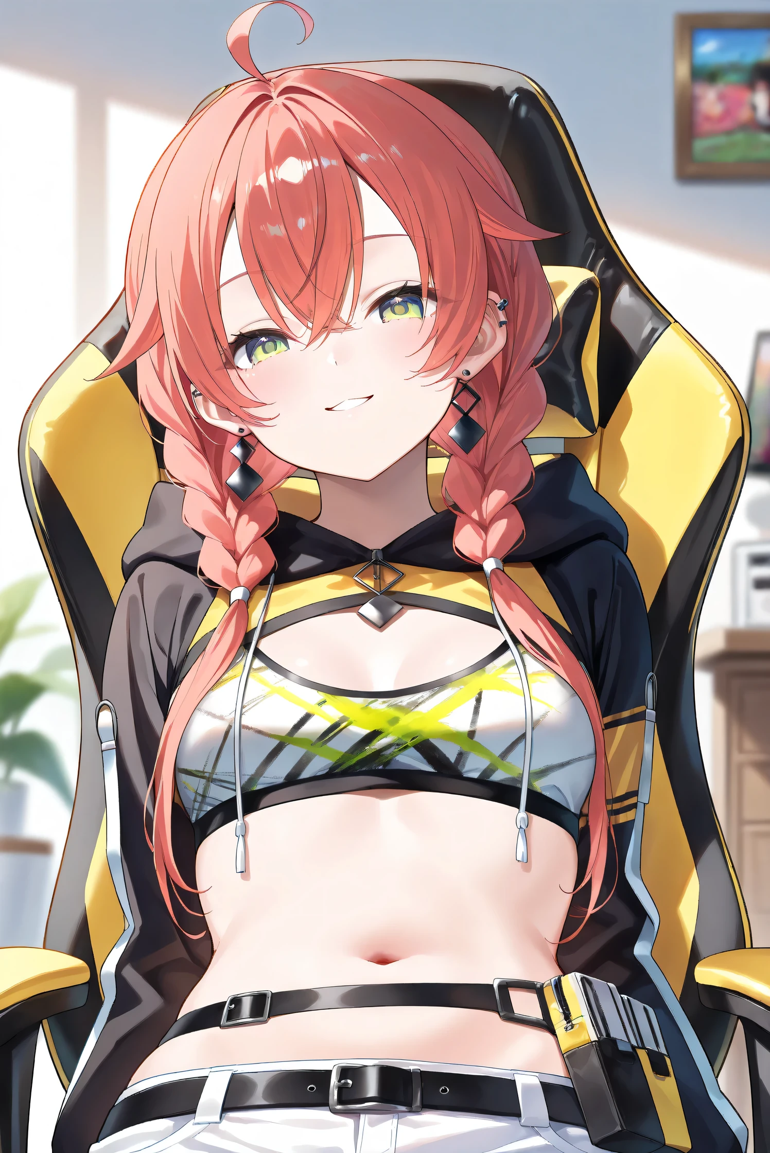 (Masterpiece), (Highest quality), (Very detailed), 
(The best shape), (Best Shadow), (Absurd), 
(Detailed background), (So beautiful), (Shiny), 
(Extraordinary), (Countershading), (8k), (32K), 
(High resolution), (Very Detailed CG), (UHD),

(Score_9), (Score_8_up), (Score_7_up), 
(Source_anime), (Pastel painting:1.2), 
(Watercolor painting:1.2),(Masterpiece, Detailed:1.2), (Foreshortening:1.2),

(Cinematic), (Dramatic), (Depth of field:1.4),
(Blurry background:1.4), (Realistic background:1.4),
(Foreshortening:1.3), (Dynamic angle), (1 girl), (solo), 

(indoor), (her room), (gaming chair), 

(Kuramochi Meruto), (Nijisanji), (Virtual youtuber), 

nijiakari, small breasts, green eyes, long eyelashes,
red hair, pink hair, orange hair, long hair, twin braids, bangs, ahoge, hair over shoulder, earring,

nijiakaricos, print crop top, midriff, stomach, navel, black belt, chain, pouch, black shrug\(clothing\),
long sleeves, black hood, 

SA1stHairstyle, SA1stCostume, red hair, 
low twin braids, green eyes, eyelashes, ahoge, asymmetrical earrings, ear piercing, black hoodie, 
hood down, crop top, cleavage, 

(portrait:1.2), 
(focus on face), (close up shot), 
(blash:1.3), (parted lips), (smile), (happy), 
(hood down), (droopy eyes:1.3), 
(sitting the gaming chair), 
(looking at viewer), 