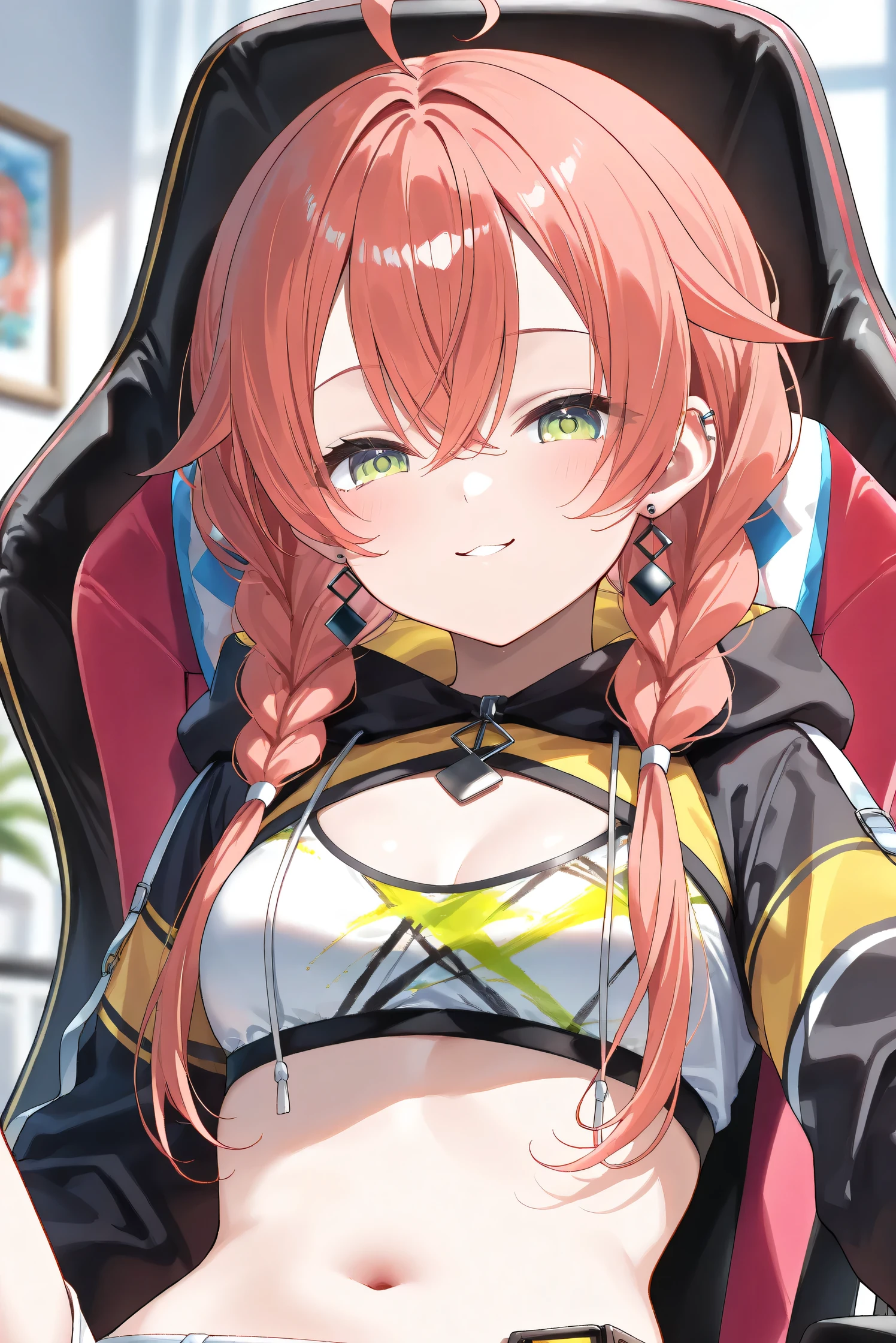 (Masterpiece), (Highest quality), (Very detailed), 
(The best shape), (Best Shadow), (Absurd), 
(Detailed background), (So beautiful), (Shiny), 
(Extraordinary), (Countershading), (8k), (32K), 
(High resolution), (Very Detailed CG), (UHD),

(Score_9), (Score_8_up), (Score_7_up), 
(Source_anime), (Pastel painting:1.2), 
(Watercolor painting:1.2),(Masterpiece, Detailed:1.2), (Foreshortening:1.2),

(Cinematic), (Dramatic), (Depth of field:1.4),
(Blurry background:1.4), (Realistic background:1.4),
(Foreshortening:1.3), (Dynamic angle), (1 girl), (solo), 

(indoor), (her room), (gaming chair), 

(Kuramochi Meruto), (Nijisanji), (Virtual youtuber), 

nijiakari, small breasts, green eyes, long eyelashes,
red hair, pink hair, orange hair, long hair, twin braids, bangs, ahoge, hair over shoulder, earring,

nijiakaricos, print crop top, midriff, stomach, navel, black belt, chain, pouch, black shrug\(clothing\),
long sleeves, black hood, 

SA1stHairstyle, SA1stCostume, red hair, 
low twin braids, green eyes, eyelashes, ahoge, asymmetrical earrings, ear piercing, black hoodie, 
hood down, crop top, cleavage, 

(portrait:1.2), 
(focus on face), (close up shot), 
(blash:1.3), (parted lips), (smile), (happy), 
(hood down), (droopy eyes:1.3), 
(sitting the gaming chair), 
(looking at viewer), 