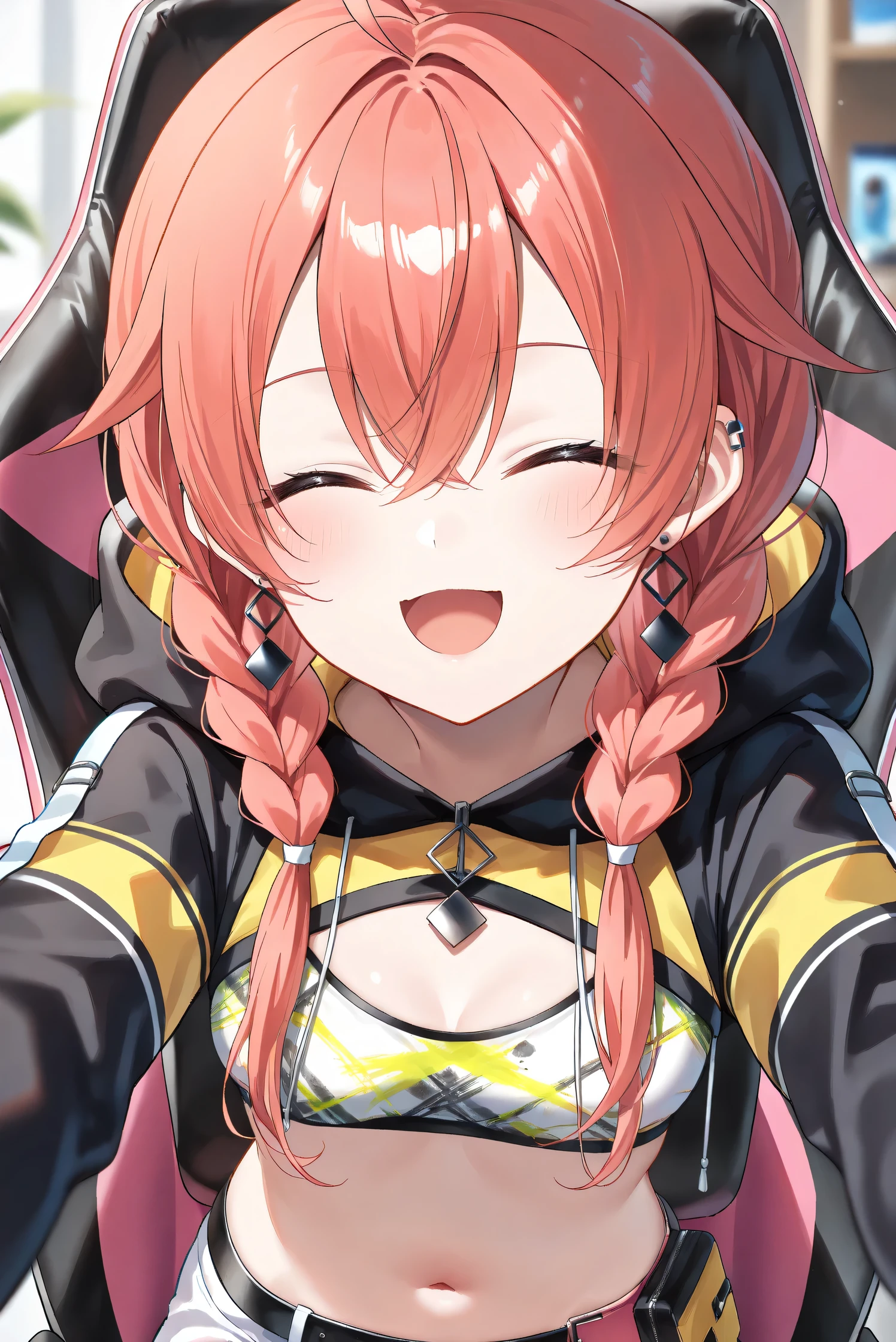 (Masterpiece), (Highest quality), (Very detailed),
(The best shape), (Best Shadow), (Absurd),
(Detailed background), (So beautiful), (Shiny),
(Extraordinary), (Countershading), (8k), (32K),
(High resolution), (Very Detailed CG), (UHD),
(Score_9), (Score_8_up), (Score_7_up),
(Source_anime), (Pastel painting:1.2),
(Watercolor painting:1.2),(Masterpiece, Detailed:1.2), (Foreshortening:1.2),
(Cinematic), (Dramatic), (Depth of field:1.4),
(Blurry background:1.4), (Realistic background:1.4),
(Foreshortening:1.3), (Dynamic angle), (1 girl), (solo),
(indoor), (her room), (gaming chair),
(Kuramochi Meruto), (Nijisanji), (Virtual youtuber),
nijiakari, small breasts, green eyes, long eyelashes,
red hair, pink hair, orange hair, long hair, twin braids, bangs, ahoge, hair over shoulder, earring,
nijiakaricos, print crop top, midriff, stomach, navel, black belt, chain, pouch, black shrug\(clothing\),
long sleeves, black hood,
SA1stHairstyle, SA1stCostume, red hair,
low twin braids, green eyes, eyelashes, ahoge, asymmetrical earrings, ear piercing, black hoodie,
hood down, crop top, cleavage,
(portrait:1.2),
(focus on face), (close up shot),
(blash:1.3), (smile), (happy), (open mouth),
(hood down), (droopy eyes:1.3), (her eyes closed),
(sitting the gaming chair),
(looking at viewer),