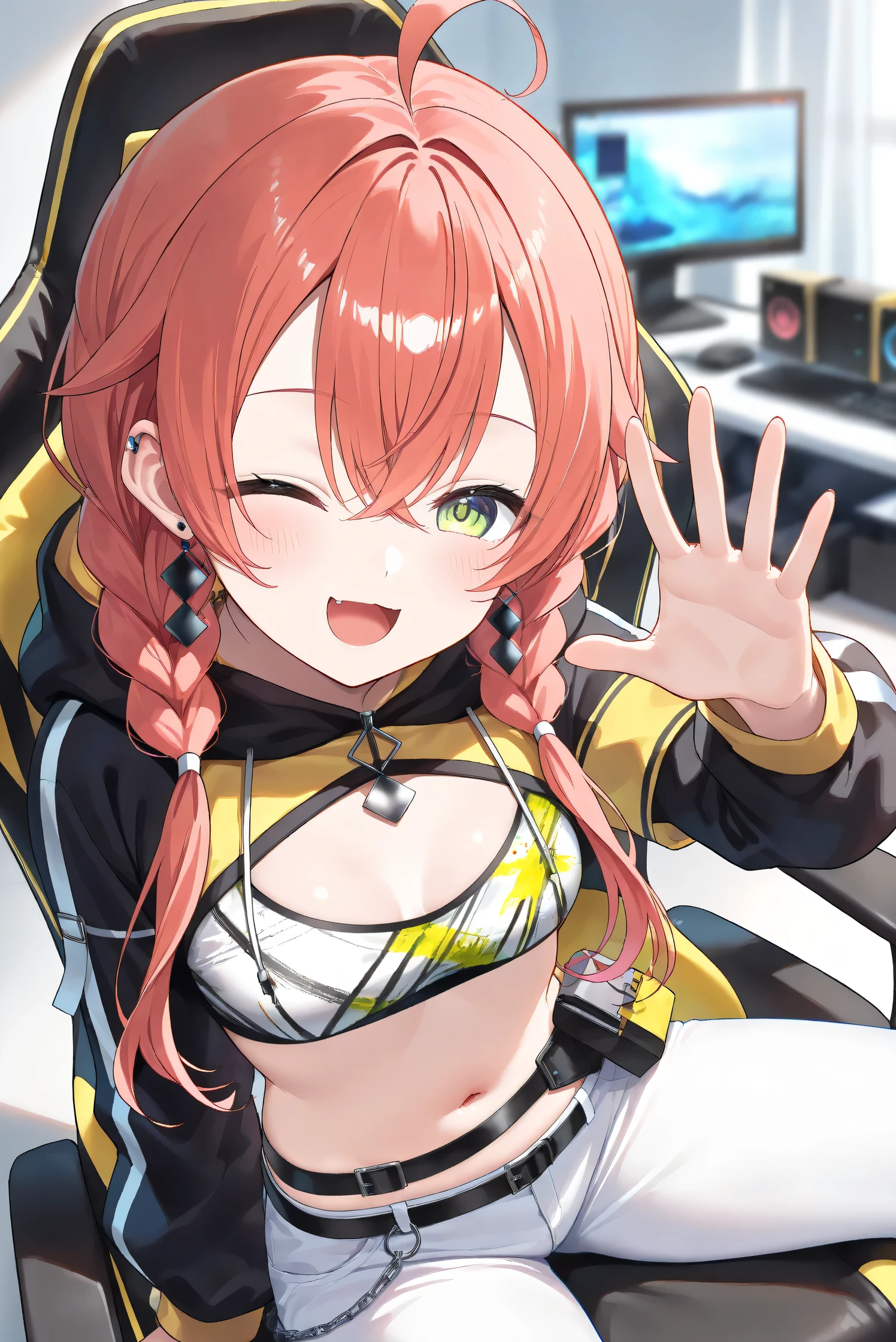 (Masterpiece), (Highest quality), (Very detailed), 
(The best shape), (Best Shadow), (Absurd), 
(Detailed background), (So beautiful), (Shiny), 
(Extraordinary), (Countershading), (8k), (32K), 
(High resolution), (Very Detailed CG), (UHD),

(Score_9), (Score_8_up), (Score_7_up), 
(Source_anime), (Pastel painting:1.2), 
(Watercolor painting:1.2),(Masterpiece, Detailed:1.2), (Foreshortening:1.2),

(Cinematic), (Dramatic), (Depth of field:1.4),
(Blurry background:1.4), (Realistic background:1.4),
(Foreshortening:1.3), (Dynamic angle), (1 girl), (solo), 

(indoor), (her room), (gaming chair), 

(Kuramochi Meruto), (Nijisanji), (Virtual youtuber), 

nijiakari, small breasts, green eyes, long eyelashes,
red hair, pink hair, orange hair, long hair, twin braids, bangs, ahoge, hair over shoulder, earring,

nijiakaricos, print crop top, midriff, stomach, navel, black belt, chain, pouch, black shrug\(clothing\),
long sleeves, black hood, 

SA1stHairstyle, SA1stCostume, red hair, 
low twin braids, green eyes, eyelashes, ahoge, asymmetrical earrings, ear piercing, black hoodie, 
hood down, crop top, cleavage, 

(portrait:1.2), 
(focus on face), (close up shot), 
(blash:1.3), (smile), (happy), (open mouth), 
(hood down), (droopy eyes:1.3), (her eyes closed), 
(sitting the gaming chair), 
(looking at viewer), 