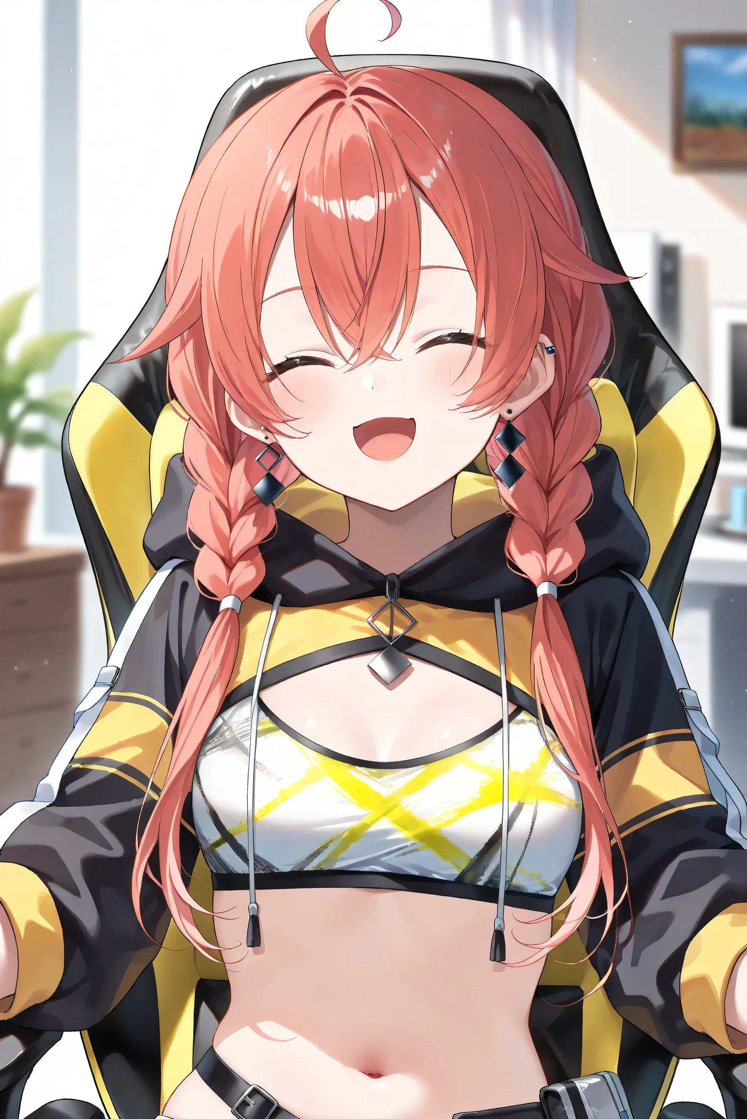 (Masterpiece), (Highest quality), (Very detailed), 
(The best shape), (Best Shadow), (Absurd), 
(Detailed background), (So beautiful), (Shiny), 
(Extraordinary), (Countershading), (8k), (32K), 
(High resolution), (Very Detailed CG), (UHD),

(Score_9), (Score_8_up), (Score_7_up), 
(Source_anime), (Pastel painting:1.2), 
(Watercolor painting:1.2),(Masterpiece, Detailed:1.2), (Foreshortening:1.2),

(Cinematic), (Dramatic), (Depth of field:1.4),
(Blurry background:1.4), (Realistic background:1.4),
(Foreshortening:1.3), (Dynamic angle), (1 girl), (solo), 

(indoor), (her room), (gaming chair), 

(Kuramochi Meruto), (Nijisanji), (Virtual youtuber), 

nijiakari, small breasts, green eyes, long eyelashes,
red hair, pink hair, orange hair, long hair, twin braids, bangs, ahoge, hair over shoulder, earring,

nijiakaricos, print crop top, midriff, stomach, navel, black belt, chain, pouch, black shrug\(clothing\),
long sleeves, black hood, 

SA1stHairstyle, SA1stCostume, red hair, 
low twin braids, green eyes, eyelashes, ahoge, asymmetrical earrings, ear piercing, black hoodie, 
hood down, crop top, cleavage, 

(portrait:1.2), 
(focus on face), (close up shot), 
(blash:1.3), (smile), (happy), (open mouth), 
(hood down), (droopy eyes:1.3), (her eyes closed), 
(sitting the gaming chair), 
(looking at viewer), 