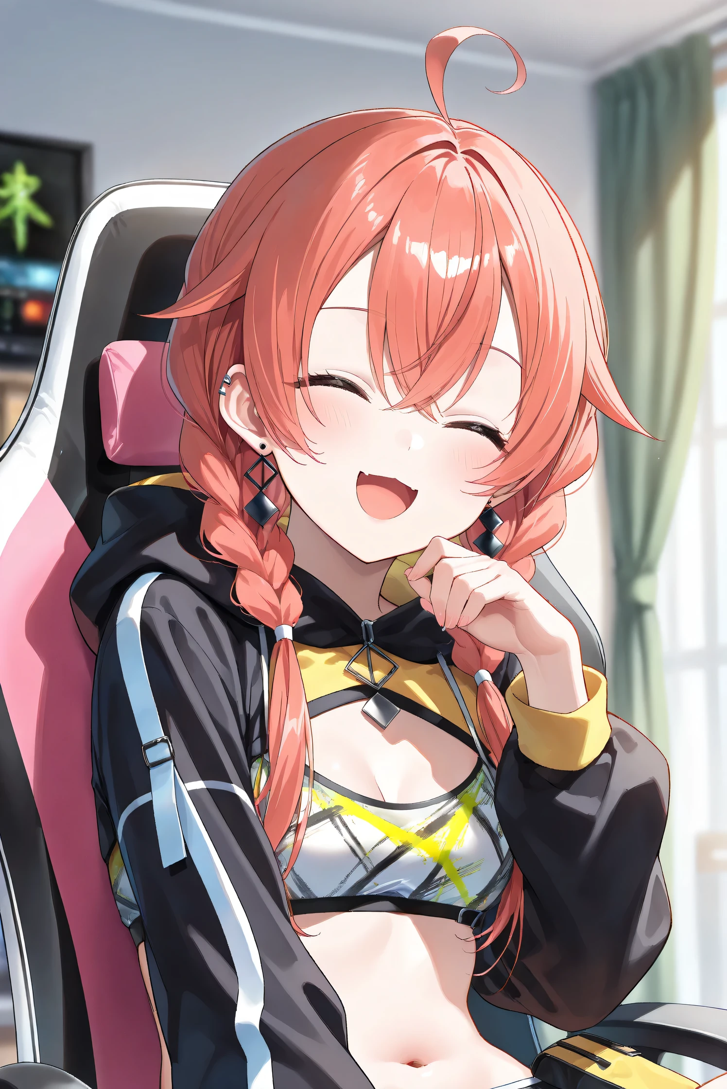 (Masterpiece), (Highest quality), (Very detailed), 
(The best shape), (Best Shadow), (Absurd), 
(Detailed background), (So beautiful), (Shiny), 
(Extraordinary), (Countershading), (8k), (32K), 
(High resolution), (Very Detailed CG), (UHD),

(Score_9), (Score_8_up), (Score_7_up), 
(Source_anime), (Pastel painting:1.2), 
(Watercolor painting:1.2),(Masterpiece, Detailed:1.2), (Foreshortening:1.2),

(Cinematic), (Dramatic), (Depth of field:1.4),
(Blurry background:1.4), (Realistic background:1.4),
(Foreshortening:1.3), (Dynamic angle), (1 girl), (solo), 

(indoor), (her room), (gaming chair), 

(Kuramochi Meruto), (Nijisanji), (Virtual youtuber), 

nijiakari, small breasts, green eyes, long eyelashes,
red hair, pink hair, orange hair, long hair, twin braids, bangs, ahoge, hair over shoulder, earring,

nijiakaricos, print crop top, midriff, stomach, navel, black belt, chain, pouch, black shrug\(clothing\),
long sleeves, black hood, 

SA1stHairstyle, SA1stCostume, red hair, 
low twin braids, green eyes, eyelashes, ahoge, asymmetrical earrings, ear piercing, black hoodie, 
hood down, crop top, cleavage, 

(portrait:1.2), 
(focus on face), (close up shot), 
(blash:1.3), (smile), (happy), (open mouth), 
(hood down), (droopy eyes:1.3), (her eyes closed), 
(sitting the gaming chair), 
(looking at viewer), 