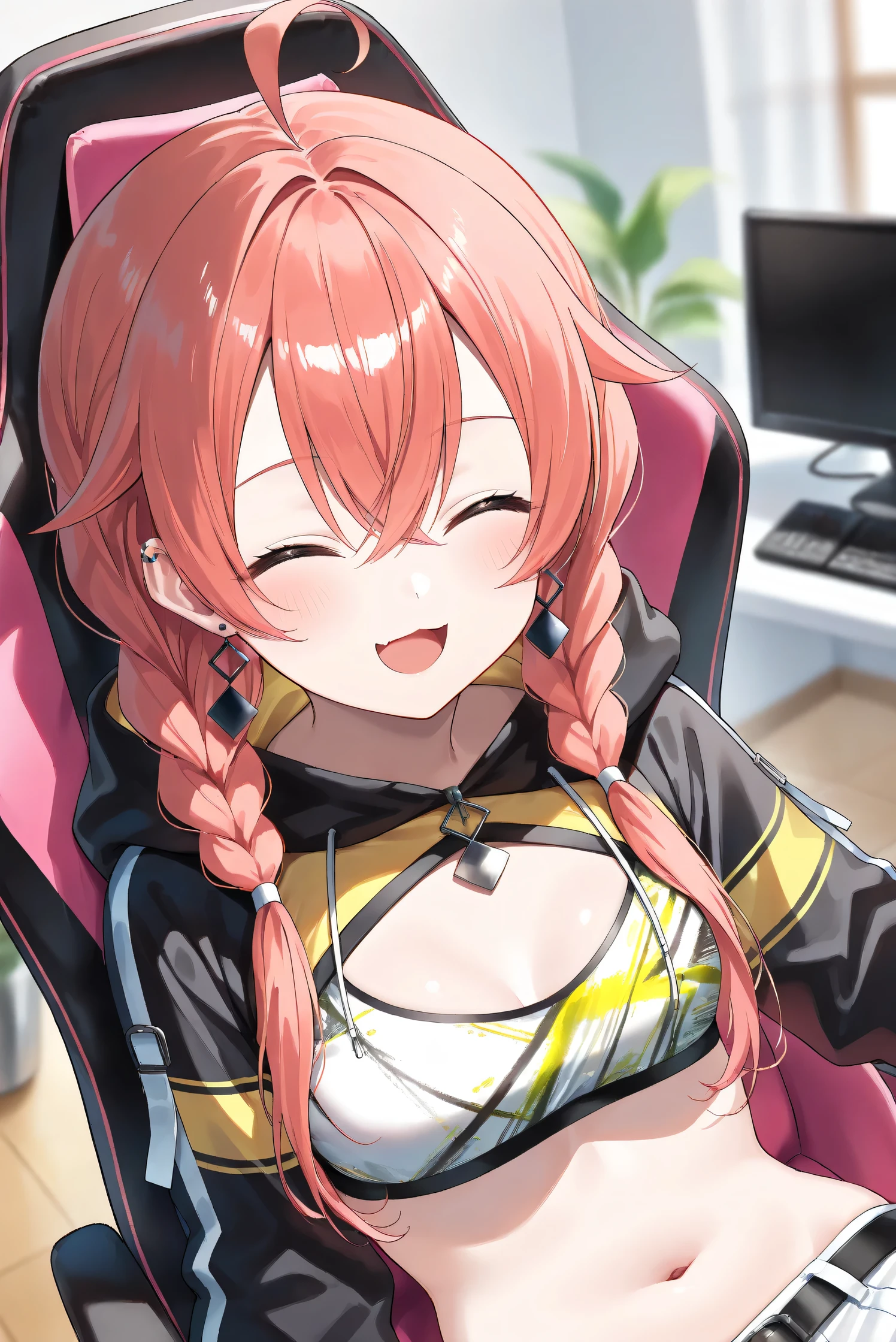 (Masterpiece), (Highest quality), (Very detailed), 
(The best shape), (Best Shadow), (Absurd), 
(Detailed background), (So beautiful), (Shiny), 
(Extraordinary), (Countershading), (8k), (32K), 
(High resolution), (Very Detailed CG), (UHD),

(Score_9), (Score_8_up), (Score_7_up), 
(Source_anime), (Pastel painting:1.2), 
(Watercolor painting:1.2),(Masterpiece, Detailed:1.2), (Foreshortening:1.2),

(Cinematic), (Dramatic), (Depth of field:1.4),
(Blurry background:1.4), (Realistic background:1.4),
(Foreshortening:1.3), (Dynamic angle), (1 girl), (solo), 

(indoor), (her room), (gaming chair), 

(Kuramochi Meruto), (Nijisanji), (Virtual youtuber), 

nijiakari, small breasts, green eyes, long eyelashes,
red hair, pink hair, orange hair, long hair, twin braids, bangs, ahoge, hair over shoulder, earring,

nijiakaricos, print crop top, midriff, stomach, navel, black belt, chain, pouch, black shrug\(clothing\),
long sleeves, black hood, 

SA1stHairstyle, SA1stCostume, red hair, 
low twin braids, green eyes, eyelashes, ahoge, asymmetrical earrings, ear piercing, black hoodie, 
hood down, crop top, cleavage, 

(portrait:1.2), 
(focus on face), (close up shot), 
(blash:1.3), (smile), (happy), (open mouth), 
(hood down), (droopy eyes:1.3), (her eyes closed), 
(sitting the gaming chair), 
(looking at viewer), 