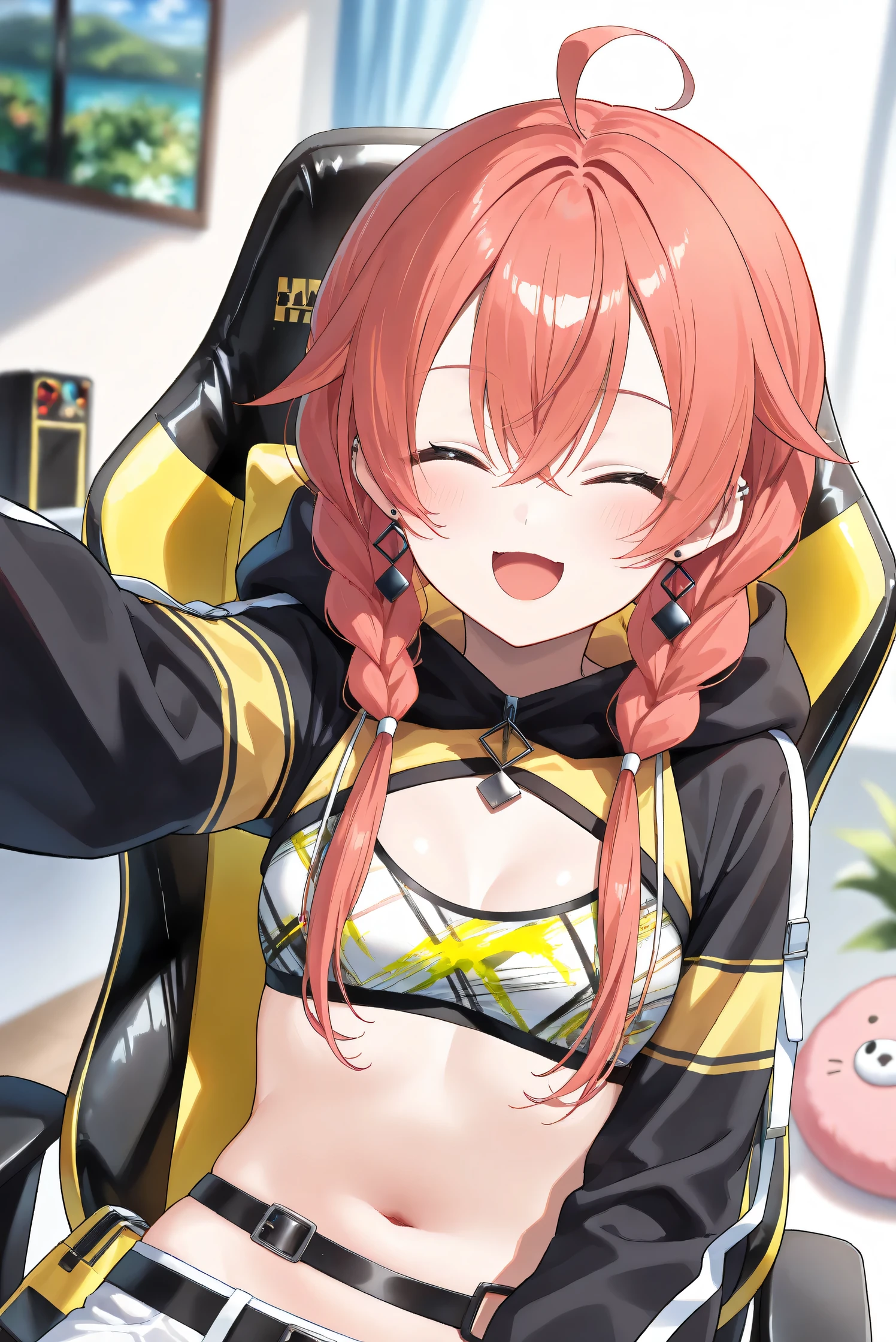 (Masterpiece), (Highest quality), (Very detailed),
(The best shape), (Best Shadow), (Absurd),
(Detailed background), (So beautiful), (Shiny),
(Extraordinary), (Countershading), (8k), (32K),
(High resolution), (Very Detailed CG), (UHD),
(Score_9), (Score_8_up), (Score_7_up),
(Source_anime), (Pastel painting:1.2),
(Watercolor painting:1.2),(Masterpiece, Detailed:1.2), (Foreshortening:1.2),
(Cinematic), (Dramatic), (Depth of field:1.4),
(Blurry background:1.4), (Realistic background:1.4),
(Foreshortening:1.3), (Dynamic angle), (1 girl), (solo),
(indoor), (her room), (gaming chair),
(Kuramochi Meruto), (Nijisanji), (Virtual youtuber),
nijiakari, small breasts, green eyes, long eyelashes,
red hair, pink hair, orange hair, long hair, twin braids, bangs, ahoge, hair over shoulder, earring,
nijiakaricos, print crop top, midriff, stomach, navel, black belt, chain, pouch, black shrug\(clothing\),
long sleeves, black hood,
SA1stHairstyle, SA1stCostume, red hair,
low twin braids, green eyes, eyelashes, ahoge, asymmetrical earrings, ear piercing, black hoodie,
hood down, crop top, cleavage,
(portrait:1.2),
(focus on face), (close up shot),
(blash:1.3), (smile), (happy), (open mouth),
(hood down), (droopy eyes:1.3), (her eyes closed),
(sitting the gaming chair),
(looking at viewer),