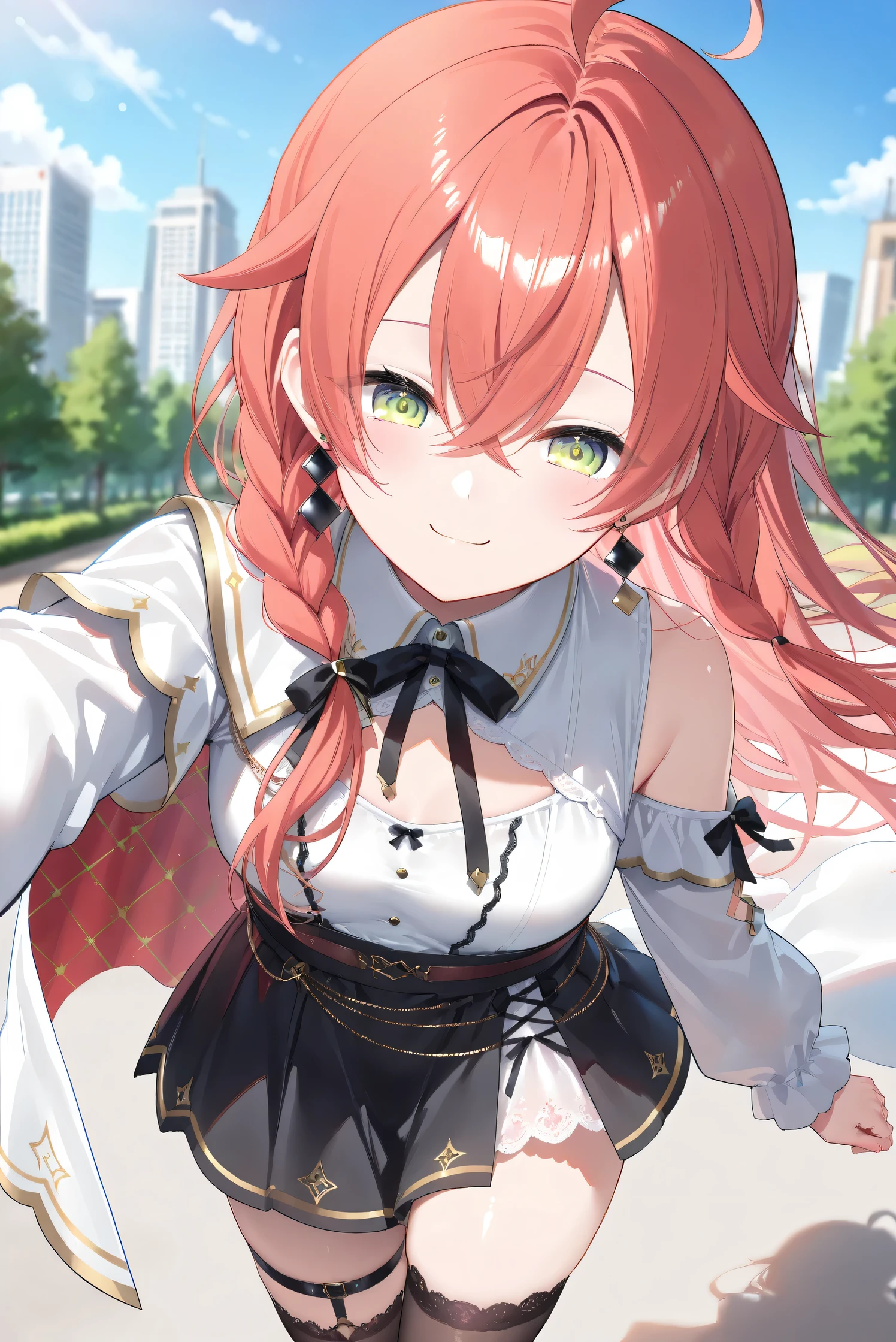 (Masterpiece), (Highest quality), (Very detailed),
(The best shape), (Best Shadow), (Absurd),
(Detailed background), (So beautiful), (Shiny),
(Extraordinary), (Countershading), (8k), (32K),
(High resolution), (Very Detailed CG), (UHD),
(Score_9), (Score_8_up), (Score_7_up),
(Source_anime), (Pastel painting:1.2),
(Watercolor painting:1.2),(Masterpiece, Detailed:1.2), (Foreshortening:1.2),
(Cinematic), (Dramatic), (Depth of field:1.4),
(Blurry background:1.4), (Realistic background:1.4),
(Foreshortening:1.3), (Dynamic angle), (1 girl), (solo),
(outdoor), (park), (nature), (wind), (big city),
(Kuramochi Meruto), (Nijisanji), (Virtual youtuber),
nijiakari, small breasts, green eyes, long eyelashes,
red hair, pink hair, orange hair, long hair, ahoge,
earring,
nijiakaricos, white shirt, collared shirt,
lace trimmed shirt, black neck ribbon,
single shoulder cutout, puffy long sleeves, breast bow, red bow, tuck in shirt, belt, layered skirt, black skirt, high-waist skirt, white lace skirt, thigh strap,
black thighhighs, lace trimmed thighhighs,
single shoulder cape, white cape, long cape,
(portrait:1.2),
(focus on face), (close up shot),
(blash:1.3), (smile), (happy), (droopy eyes:1.3),
(looking at viewer),