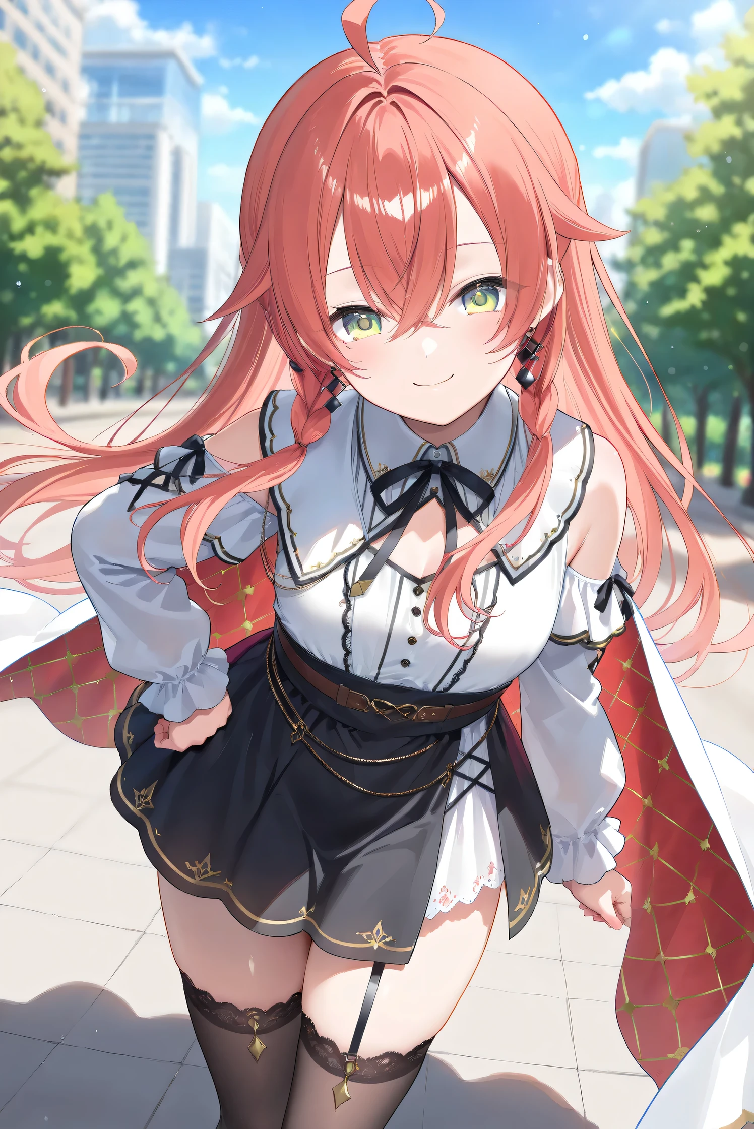 (Masterpiece), (Highest quality), (Very detailed), 
(The best shape), (Best Shadow), (Absurd), 
(Detailed background), (So beautiful), (Shiny), 
(Extraordinary), (Countershading), (8k), (32K), 
(High resolution), (Very Detailed CG), (UHD),

(Score_9), (Score_8_up), (Score_7_up), 
(Source_anime), (Pastel painting:1.2), 
(Watercolor painting:1.2),(Masterpiece, Detailed:1.2), (Foreshortening:1.2),

(Cinematic), (Dramatic), (Depth of field:1.4),
(Blurry background:1.4), (Realistic background:1.4),
(Foreshortening:1.3), (Dynamic angle), (1 girl), (solo), 

(outdoor), (park), (nature), (wind), (big city), 

(Kuramochi Meruto), (Nijisanji), (Virtual youtuber), 

nijiakari, small breasts, green eyes, long eyelashes, 
red hair, pink hair, orange hair, long hair, ahoge, 
earring,

nijiakaricos, white shirt, collared shirt, 
lace trimmed shirt, black neck ribbon, 
single shoulder cutout, puffy long sleeves, breast bow, red bow, tuck in shirt, belt, layered skirt, black skirt, high-waist skirt, white lace skirt, thigh strap, 
black thighhighs, lace trimmed thighhighs, 
single shoulder cape, white cape, long cape,

(portrait:1.2), 
(focus on face), (close up shot), 
(blash:1.3), (smile), (happy), (droopy eyes:1.3), 
(looking at viewer), 