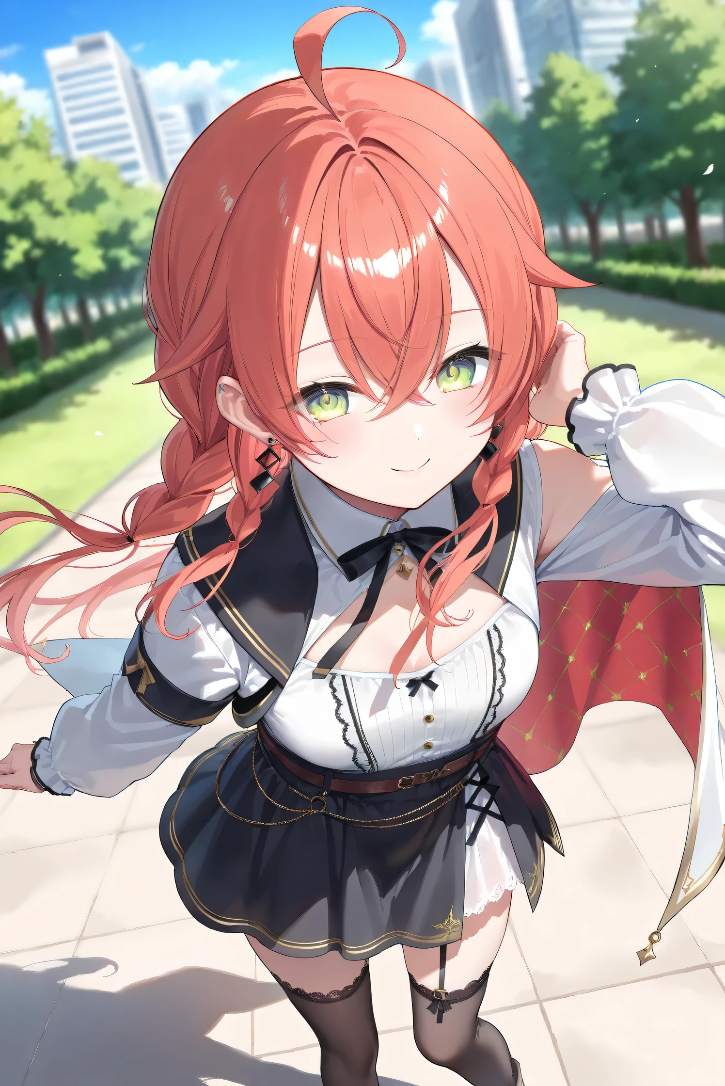 (Masterpiece), (Highest quality), (Very detailed), 
(The best shape), (Best Shadow), (Absurd), 
(Detailed background), (So beautiful), (Shiny), 
(Extraordinary), (Countershading), (8k), (32K), 
(High resolution), (Very Detailed CG), (UHD),

(Score_9), (Score_8_up), (Score_7_up), 
(Source_anime), (Pastel painting:1.2), 
(Watercolor painting:1.2),(Masterpiece, Detailed:1.2), (Foreshortening:1.2),

(Cinematic), (Dramatic), (Depth of field:1.4),
(Blurry background:1.4), (Realistic background:1.4),
(Foreshortening:1.3), (Dynamic angle), (1 girl), (solo), 

(outdoor), (park), (nature), (wind), (big city), 

(Kuramochi Meruto), (Nijisanji), (Virtual youtuber), 

nijiakari, small breasts, green eyes, long eyelashes, 
red hair, pink hair, orange hair, long hair, ahoge, 
earring,

nijiakaricos, white shirt, collared shirt, 
lace trimmed shirt, black neck ribbon, 
single shoulder cutout, puffy long sleeves, breast bow, red bow, tuck in shirt, belt, layered skirt, black skirt, high-waist skirt, white lace skirt, thigh strap, 
black thighhighs, lace trimmed thighhighs, 
single shoulder cape, white cape, long cape,

(portrait:1.2), 
(focus on face), (close up shot), 
(blash:1.3), (smile), (happy), (droopy eyes:1.3), 
(looking at viewer), 