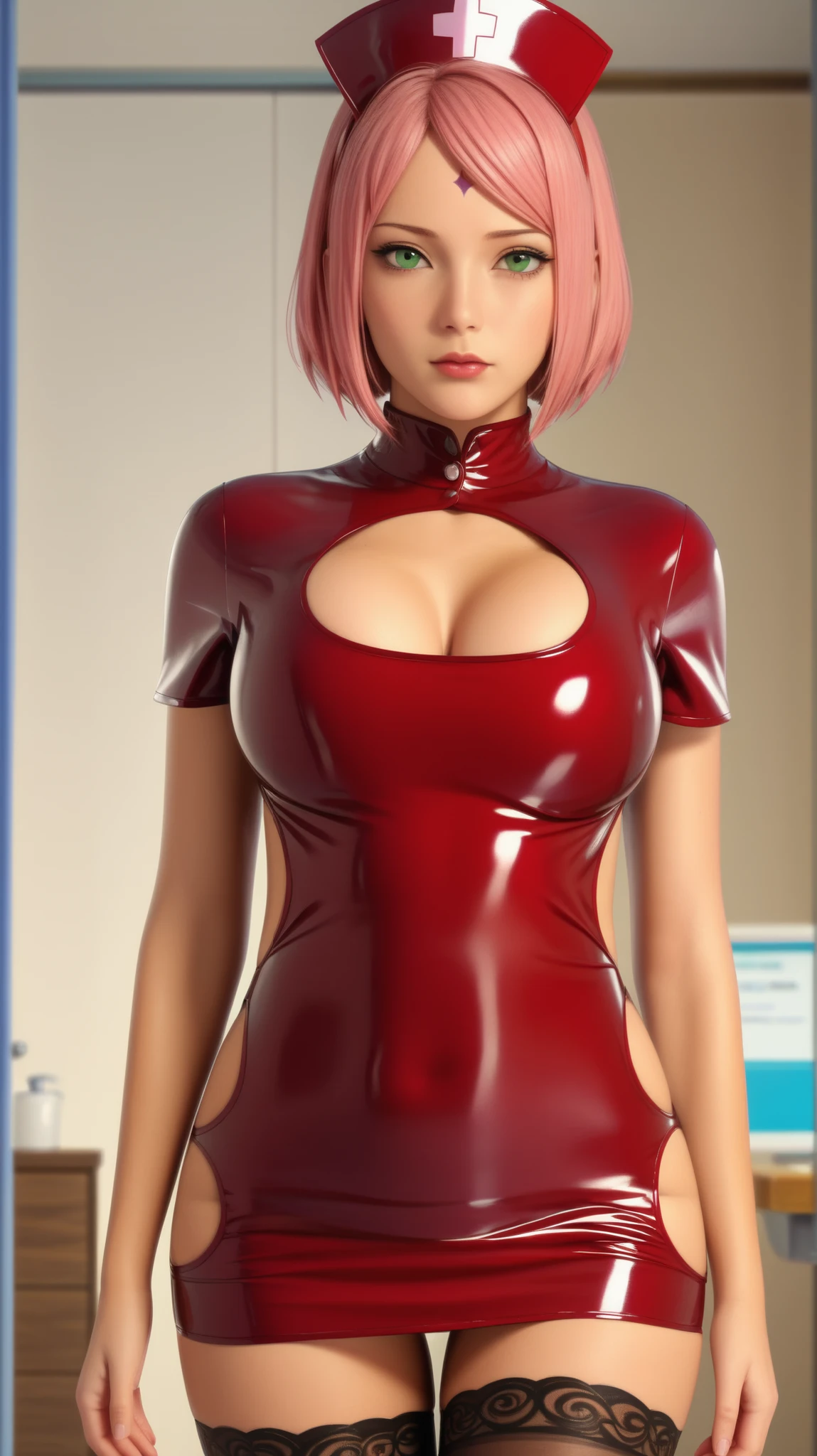a photo Hyper-Realistic Ultra HD, The image showcases an incredibly realistic 4K photorealistic resolution, highlighting her captivating presence and a mesmerizing physique. leaving you entranced by the seamless fusion of artistry and supreme realism. looking straight into the frame, looking at viewer,sharp focus; frame, sharp focus ;eerily realistic, visual realism (Every imperfection and detail of her skin is captured -+ details Ultra hd. a professional movie photograph of, best quality, high quality, facing forward,  Beautiful little red lips, 
Define each part of her body imperfections.
The image showcases an incredibly realistic 4K photorealistic resolution, highlighting , solo woman, ((sakura haruno/boruto))hot beauty, pink hair, short hair, red hairband, green eyes, forehead mark, bob cut, ((perfect anatomy, beautiful body, beautiful legs, sexy legs, perfect body, sexy thighs, perfect anatomy, anatomically correct, anatomically accurate)) official style, official artwork, curvy body, nurse microdress, large breasts, short sleeves, highly detailed, correct proportions, highres, absurdres, high resolution, amazing quality, anime coloring, anime screencap, masterpiece, best quality, amazing quality, high image quality, amazing quality, Thigh-high stockings, nurse hat, hospital background, moonlight, tired, facing up, (blurry background:1.3), night time, dark atmosphere, lusty scenery, open clothes, red bra ,Bra/Breast Size, 34 inches ; Waist Size, 28 inches ; Hip Size, 330inches.,,ultrarealist, intricate details,image of plus size curvy thick milf bbw Goddess
